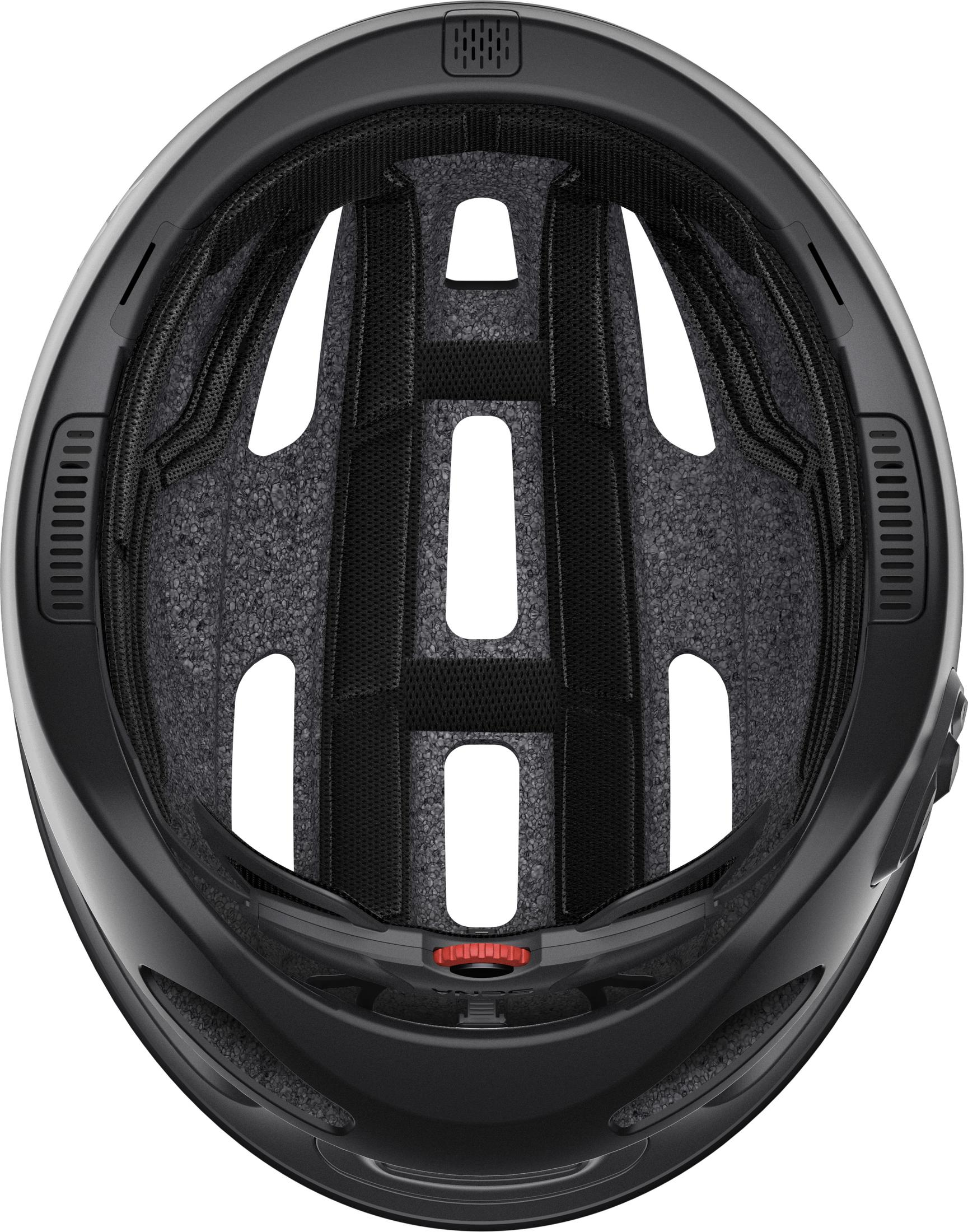 Ein schwarzer Fahrradhelm. Die Innenseite zeigt Belüftungsöffnungen und Polsterung. Die Ansicht ist von oben.