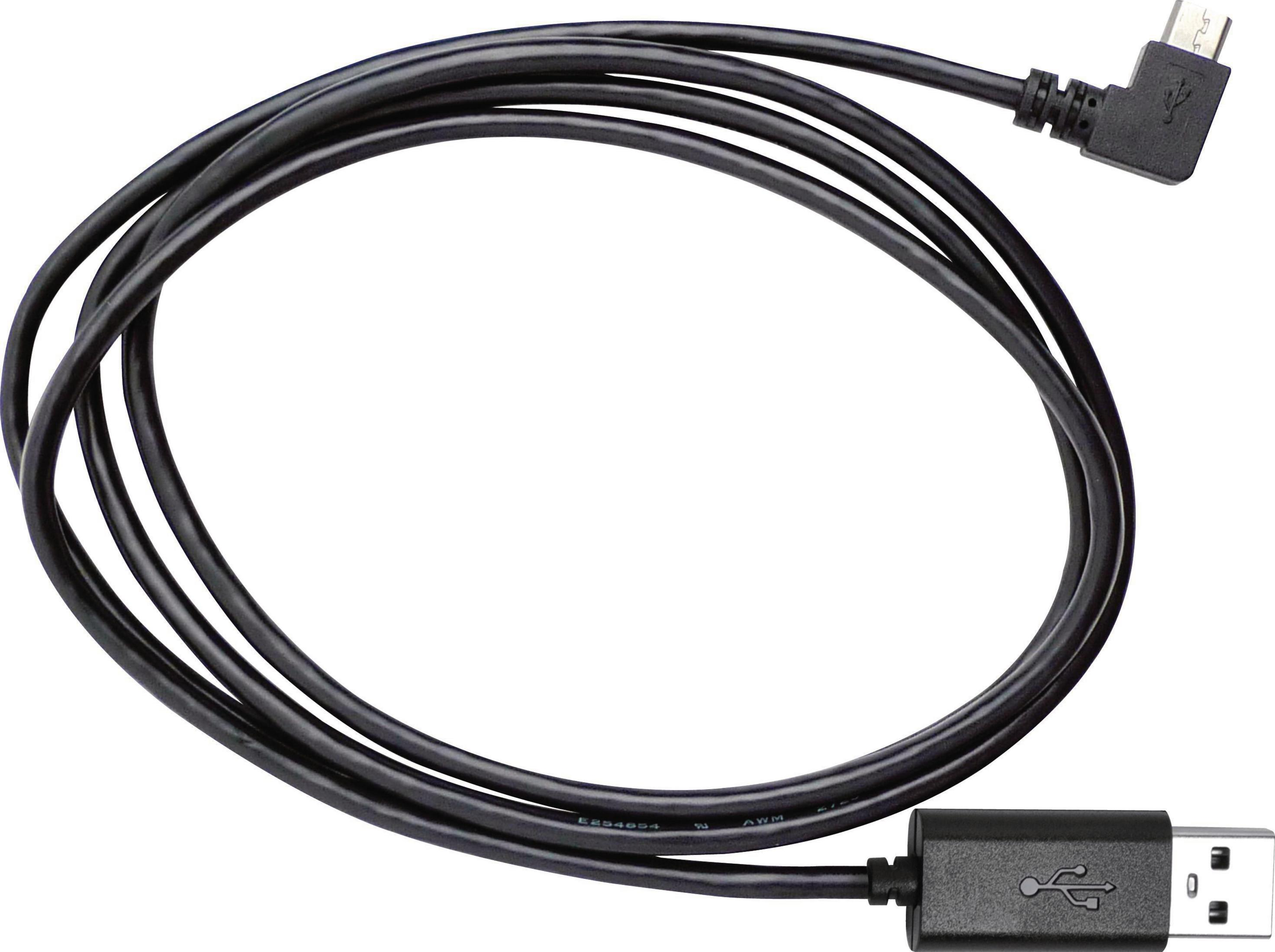 Schwarzes USB-Kabel mit abgewinkeltem Stecker. Das Kabel hat ein USB- und ein Micro-USB-Ende.