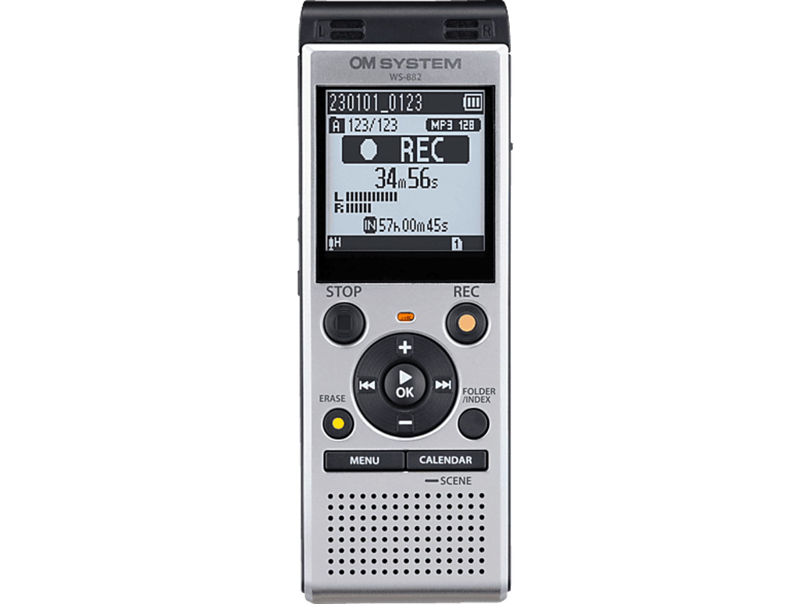 Srebrny cyfrowy dyktafon. Ma ekran, przyciski i logo OM SYSTEM.