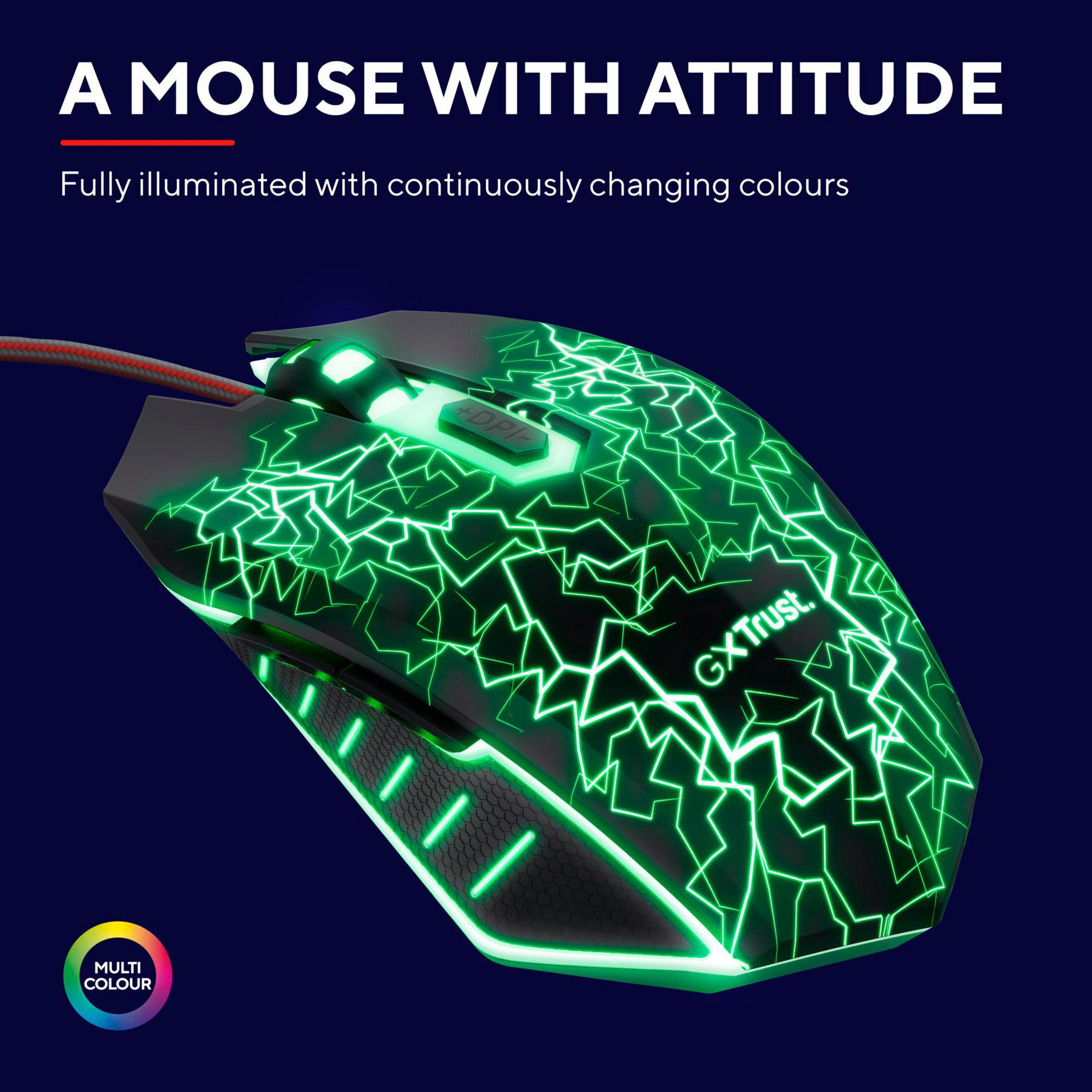Mysz gamingowa z zielonym wzorem błyskawicy. Czarne i zielone kolory. Tekst: Mysz z charakterem.