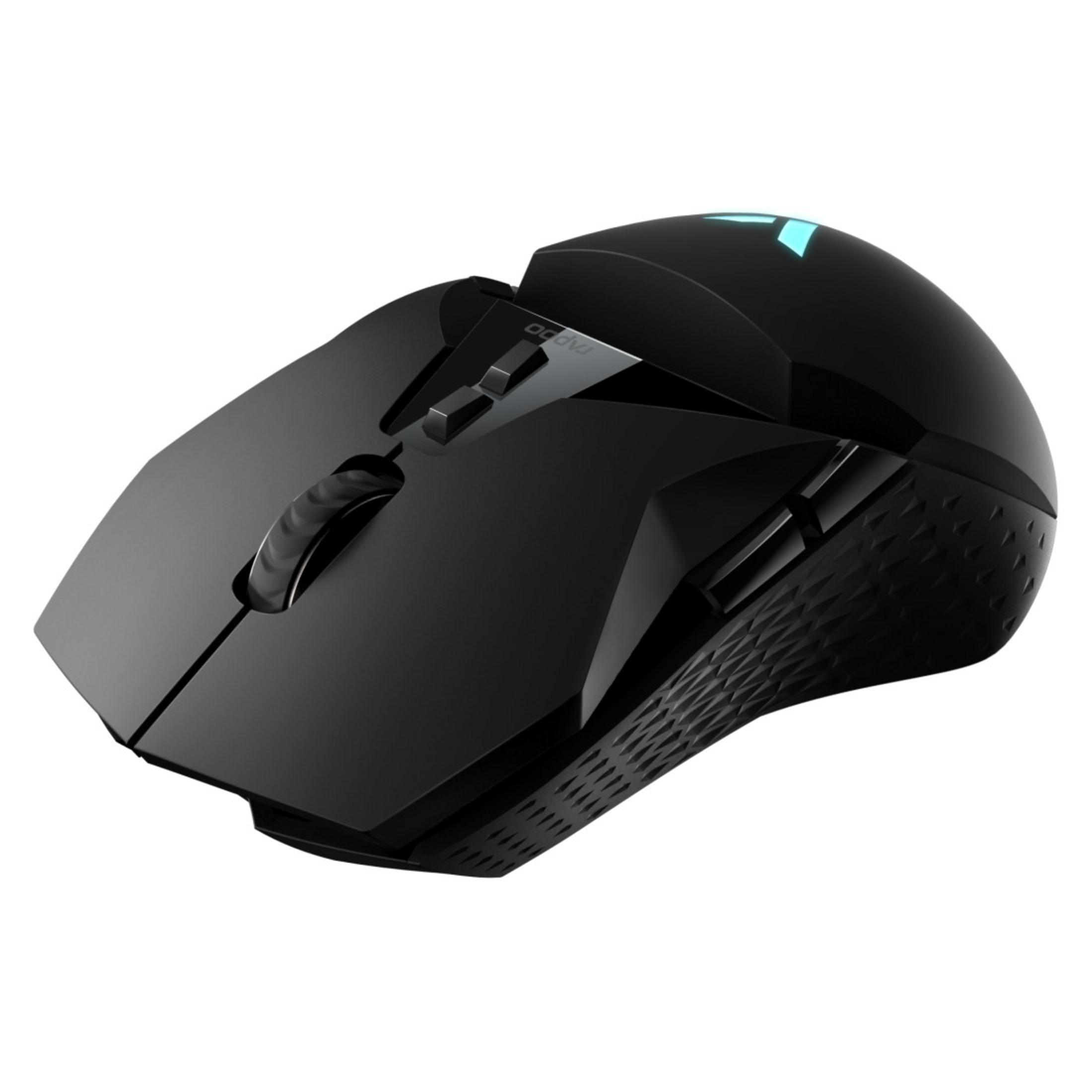 Eine elegante, schwarze Gaming-Maus mit mehreren Tasten und einem Scrollrad.