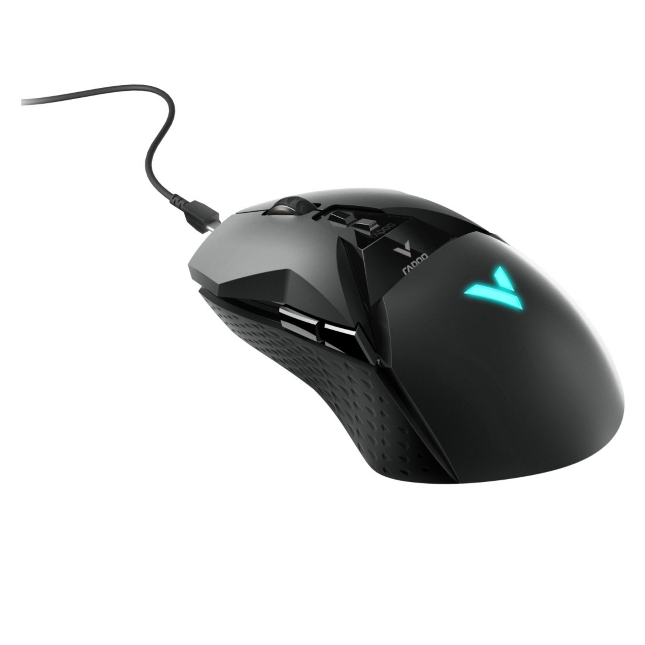 Schwarze Gaming-Maus mit V-Logo und Kabel, auf weißem Hintergrund.