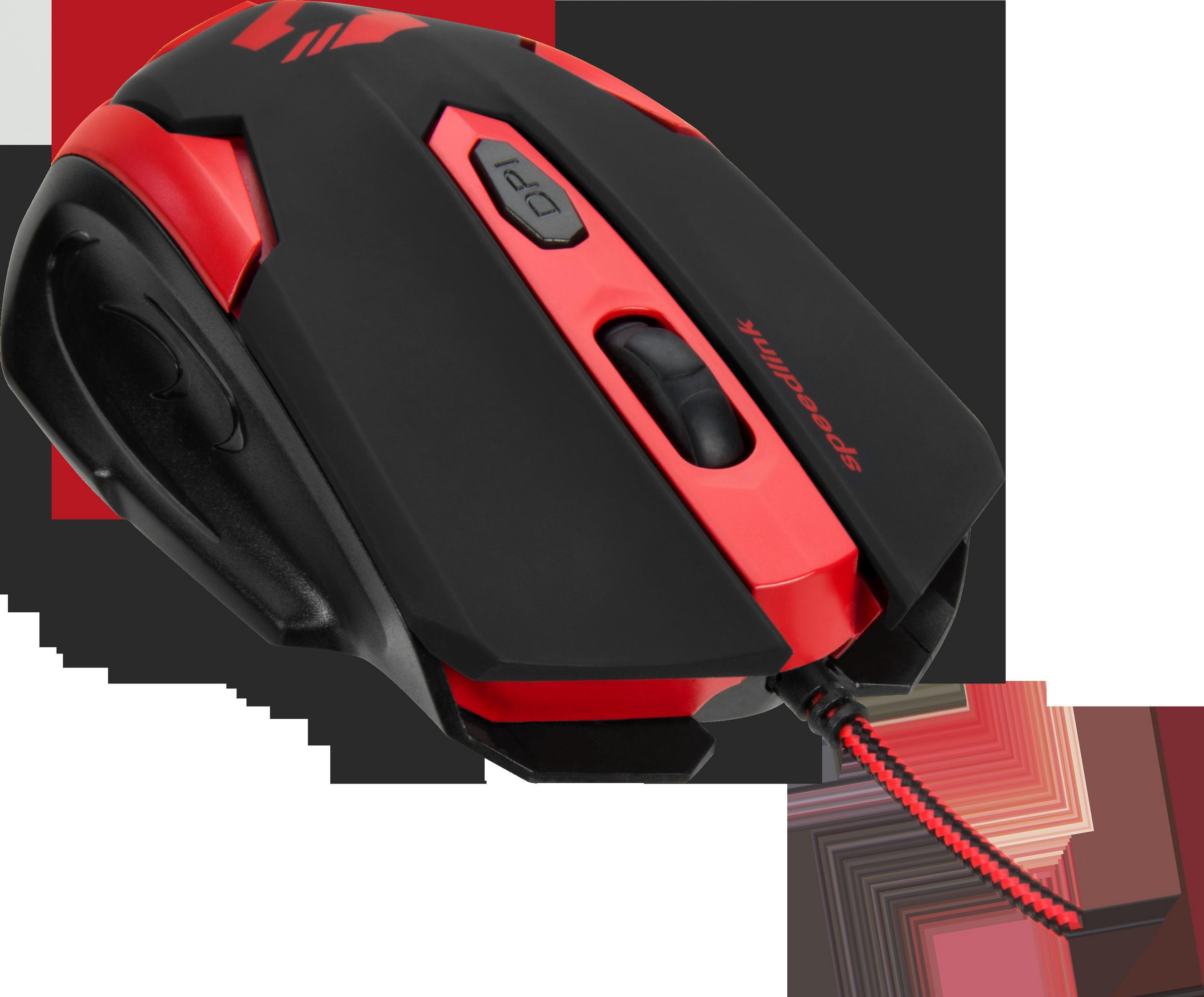 Schwarz-rote Gaming-Maus mit DPI-Taste und Scrollrad, schräge Ansicht.