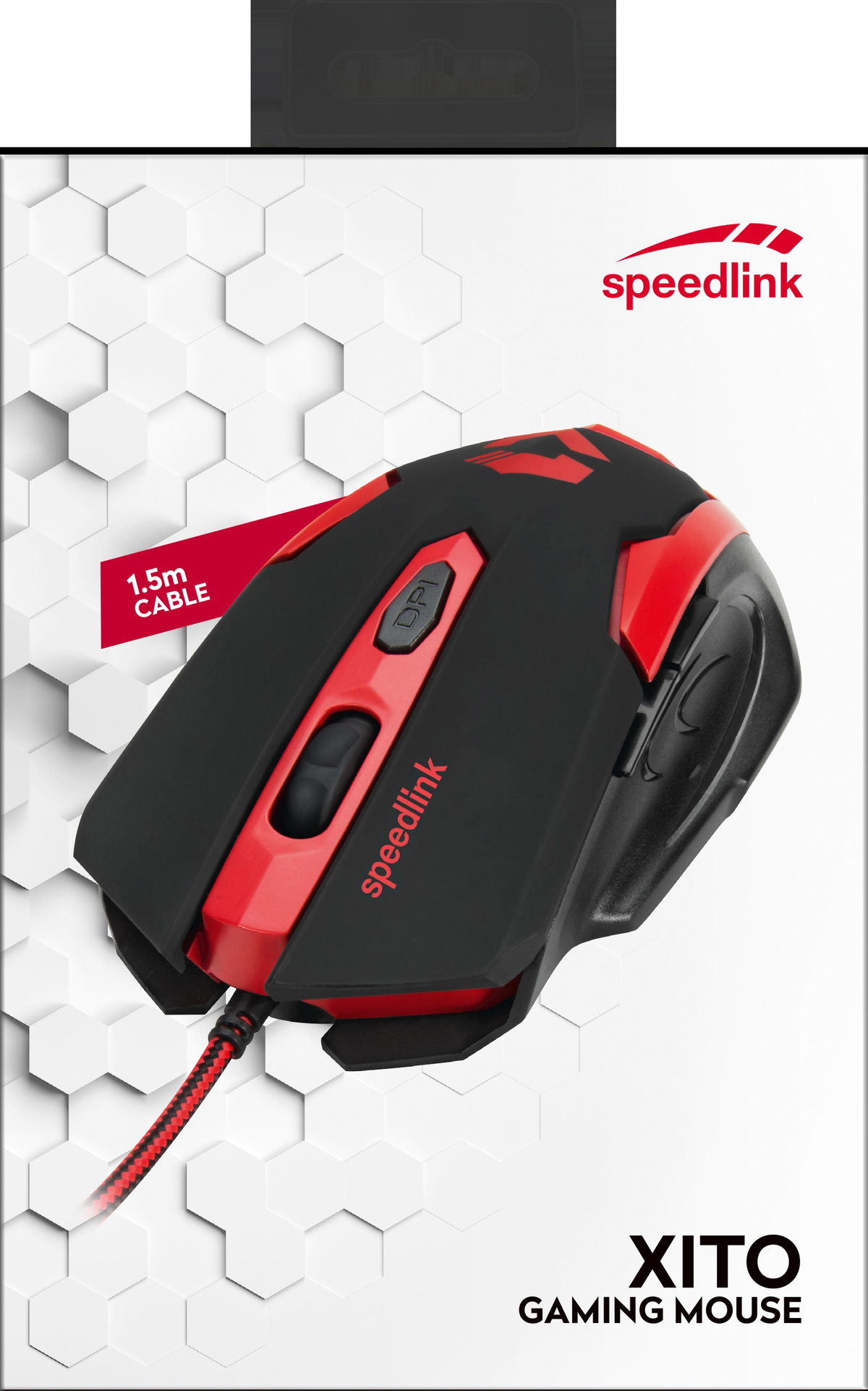 Eine schwarze und rote Gaming-Maus auf weißem und grauem Hintergrund, mit rotem Kabel.