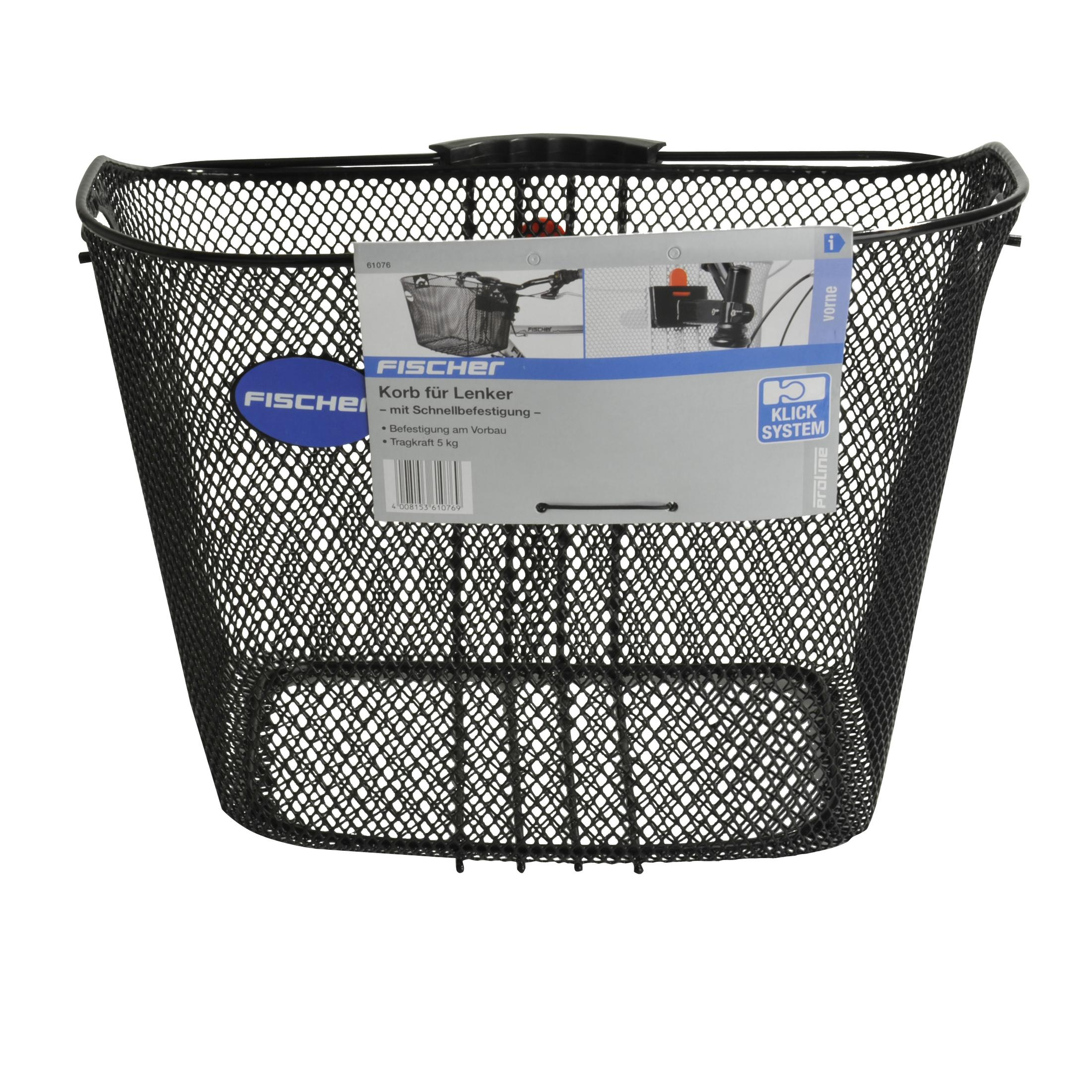 Schwarzer Fahrradkorb mit Mesh-Design, hängend mit einem FISCHER-Etikett.