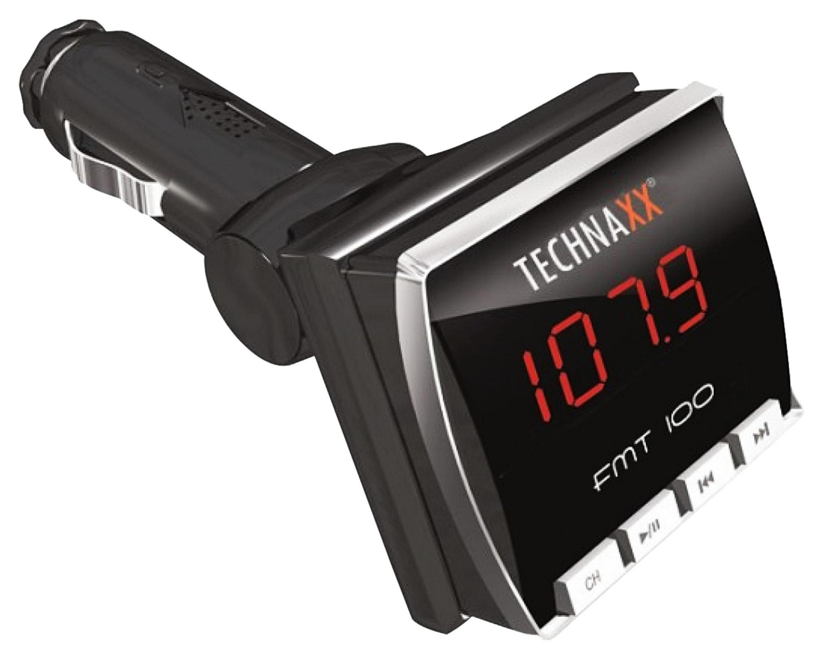 Schwarzes Technaxx FMT 100 Auto-Audiogerät mit roter Digitalanzeige.