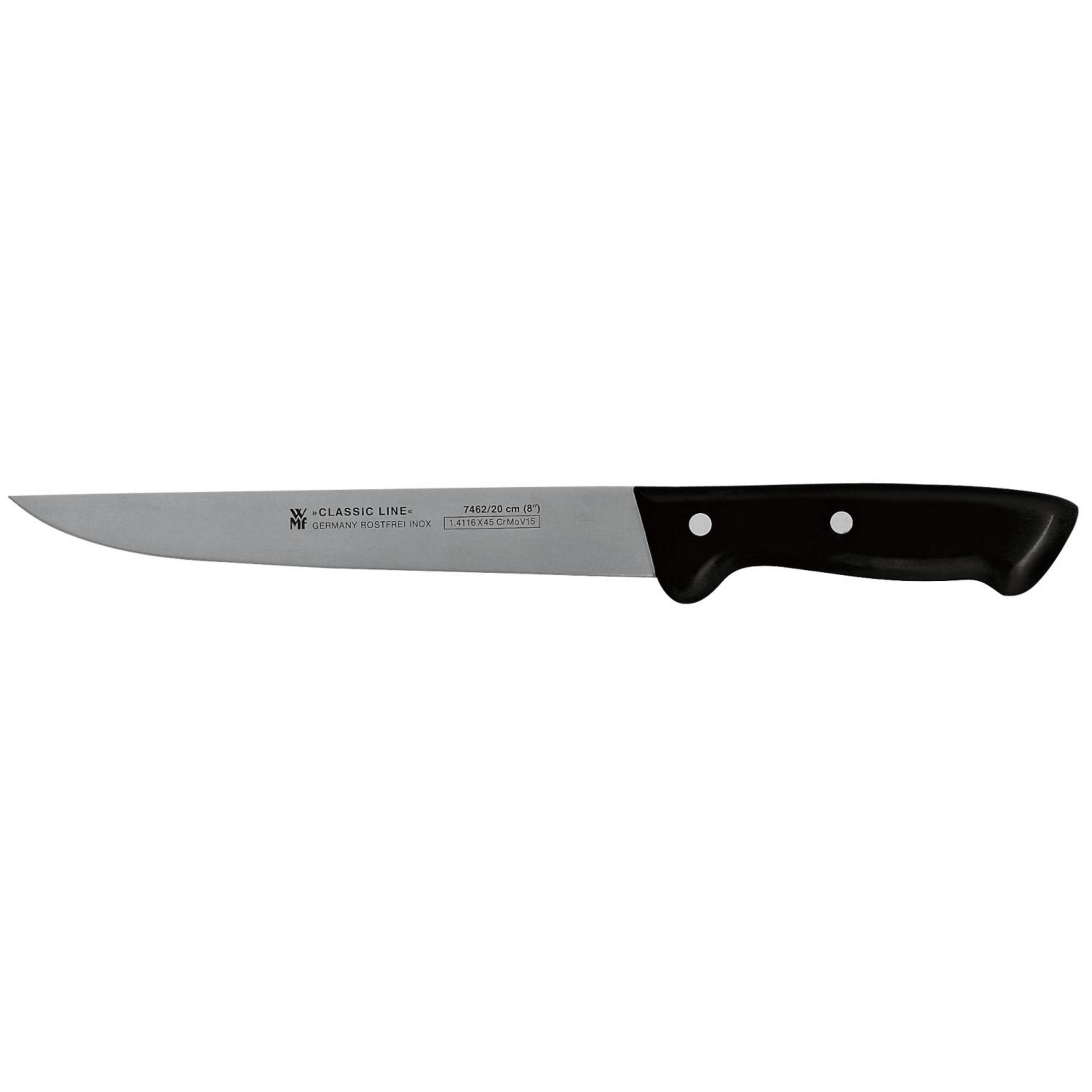 Ein Messer mit schwarzem Griff und silberner Klinge auf weißem Hintergrund.