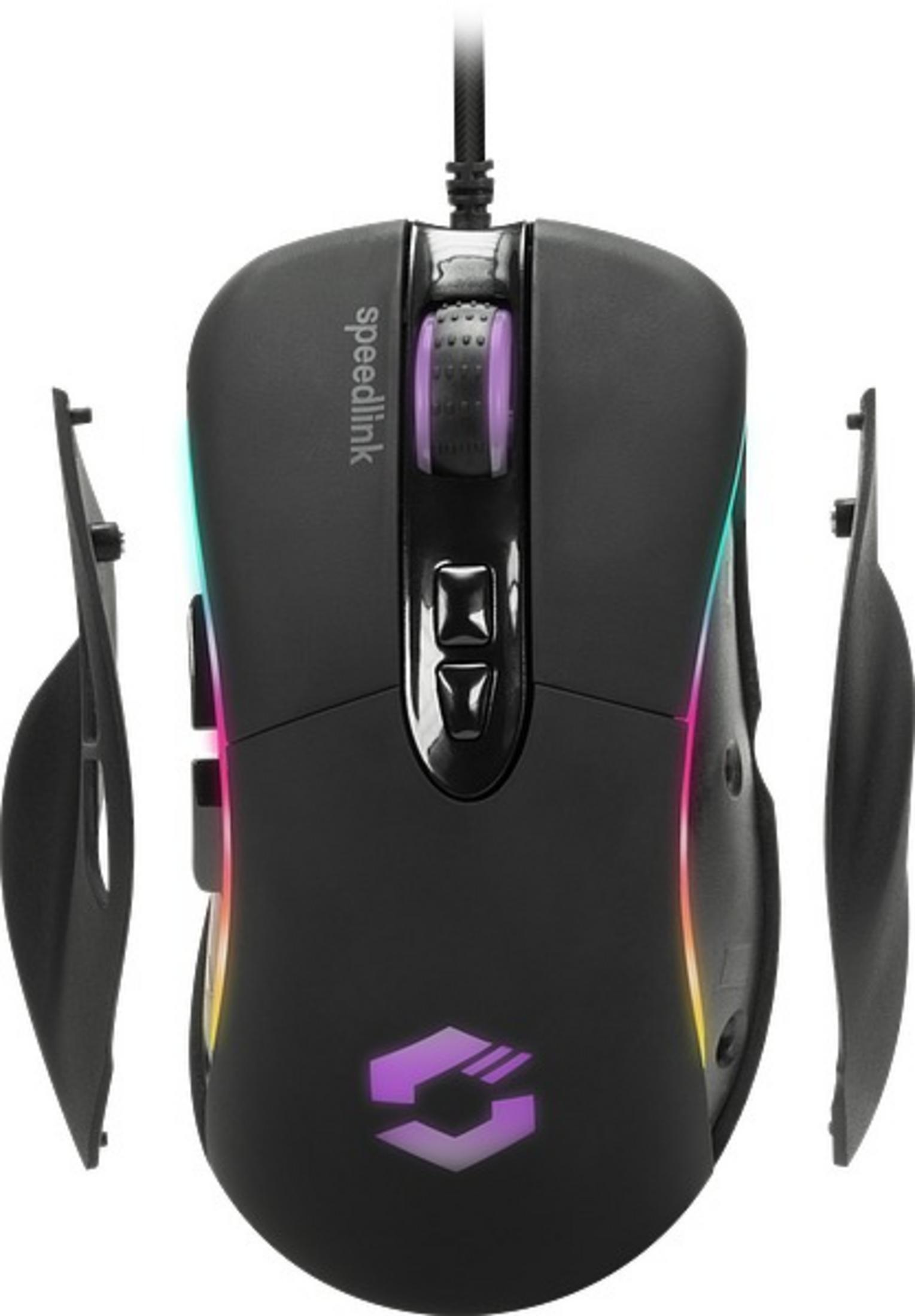 Eine schwarze Gaming-Maus mit abnehmbaren Seitenteilen und einem Logo mit verschiedenen Farben.