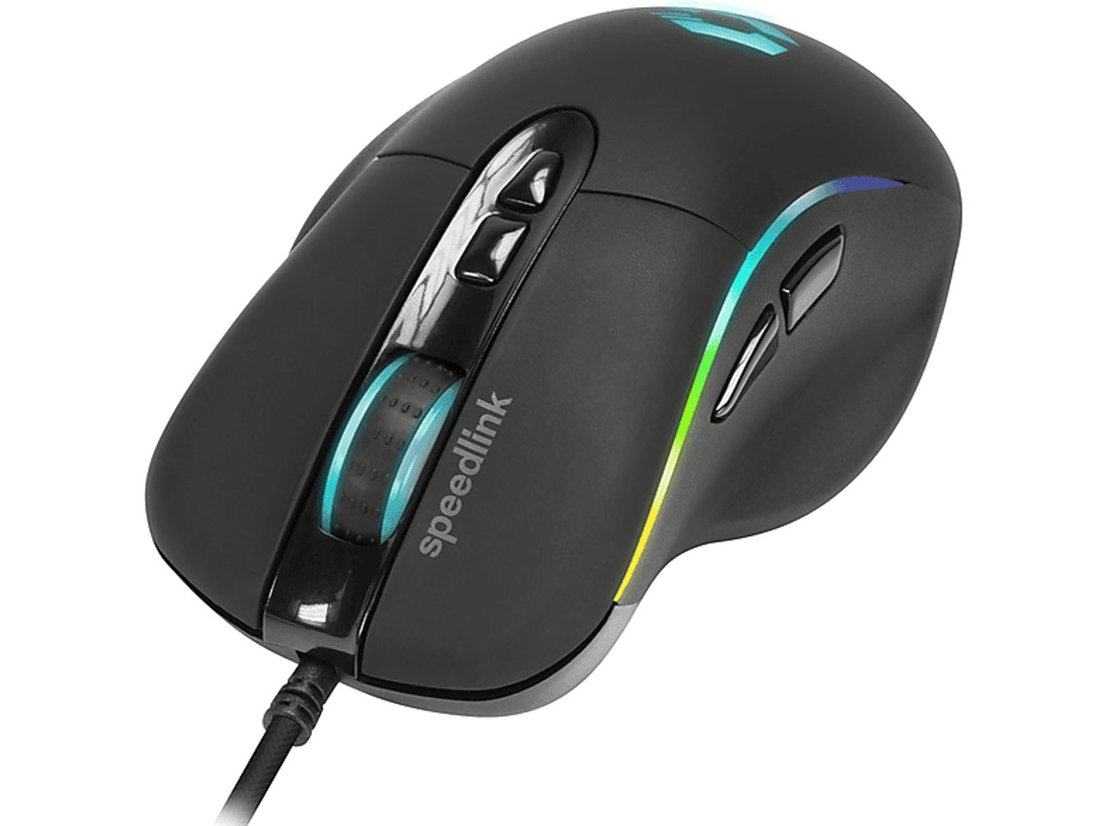 Schwarze Gaming-Maus mit LED-Lichtern und Seitentasten.