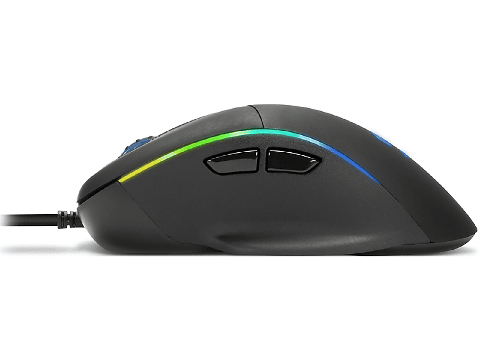 Schwarze Gaming-Maus mit Seitentasten, Scrollrad und Kabel. Mit LED-Lichtern.
