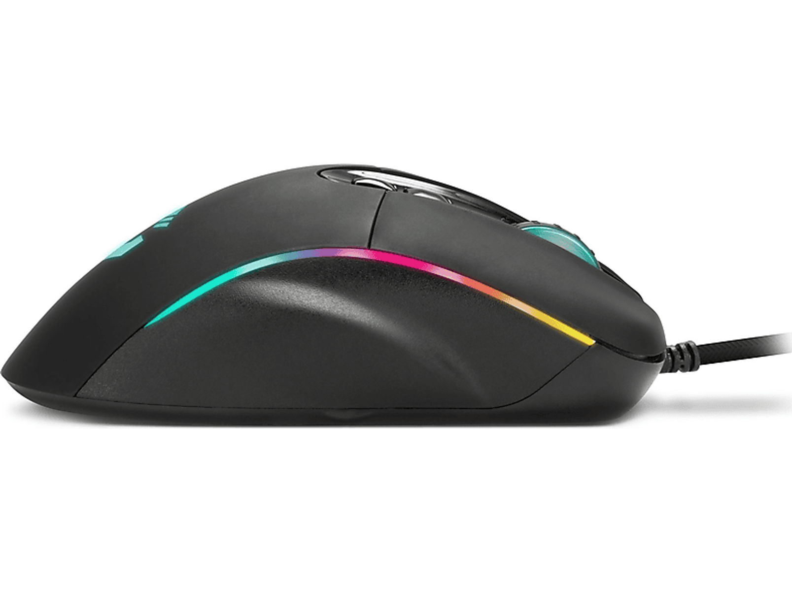Schwarze Gaming-Maus mit Regenbogen-LED-Kantenbeleuchtung. Hintergrund: schwarz.