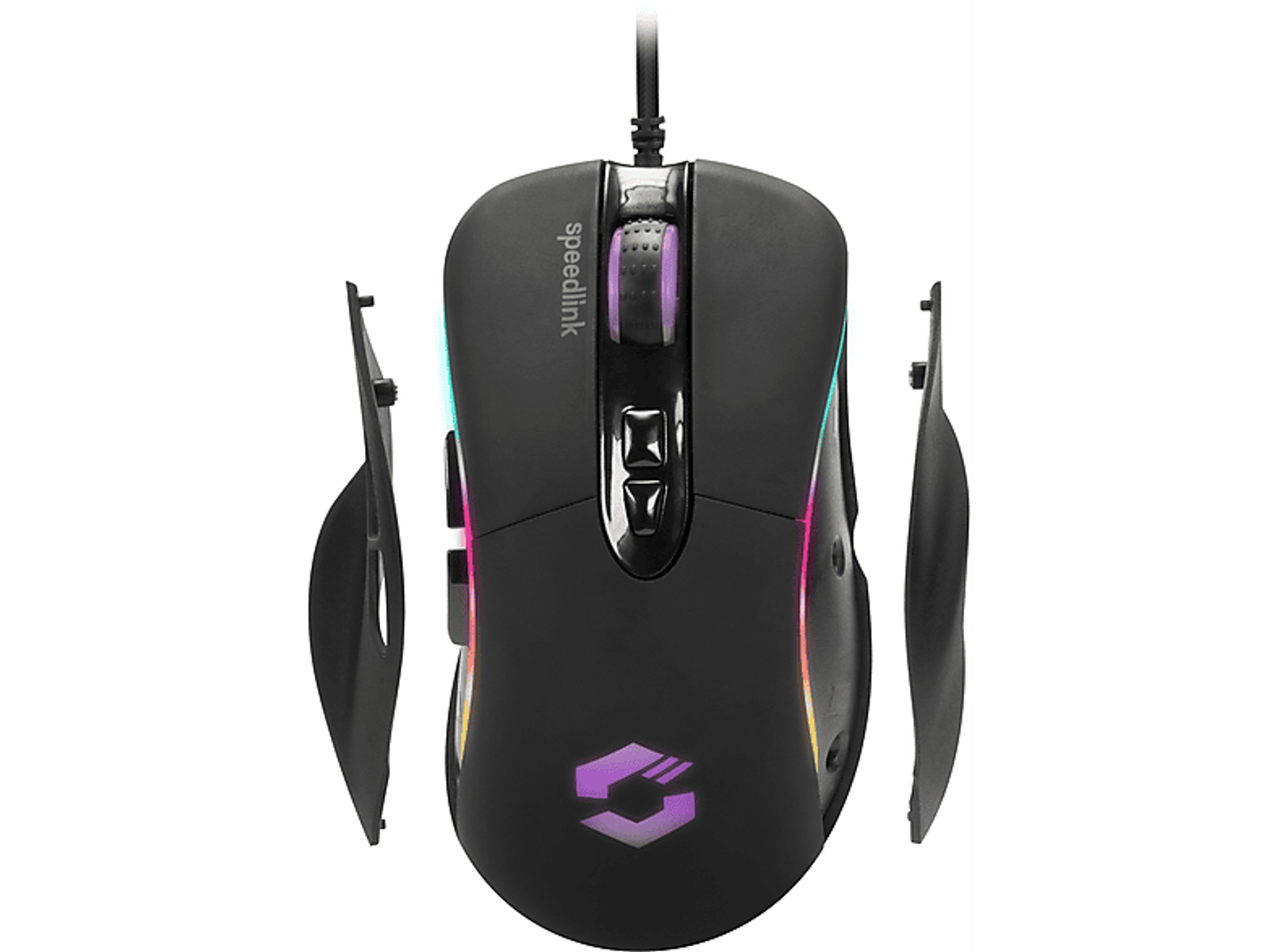 Schwarze Gaming-Maus mit abnehmbaren Seitenteilen. Hat bunte Lichter und Tasten.