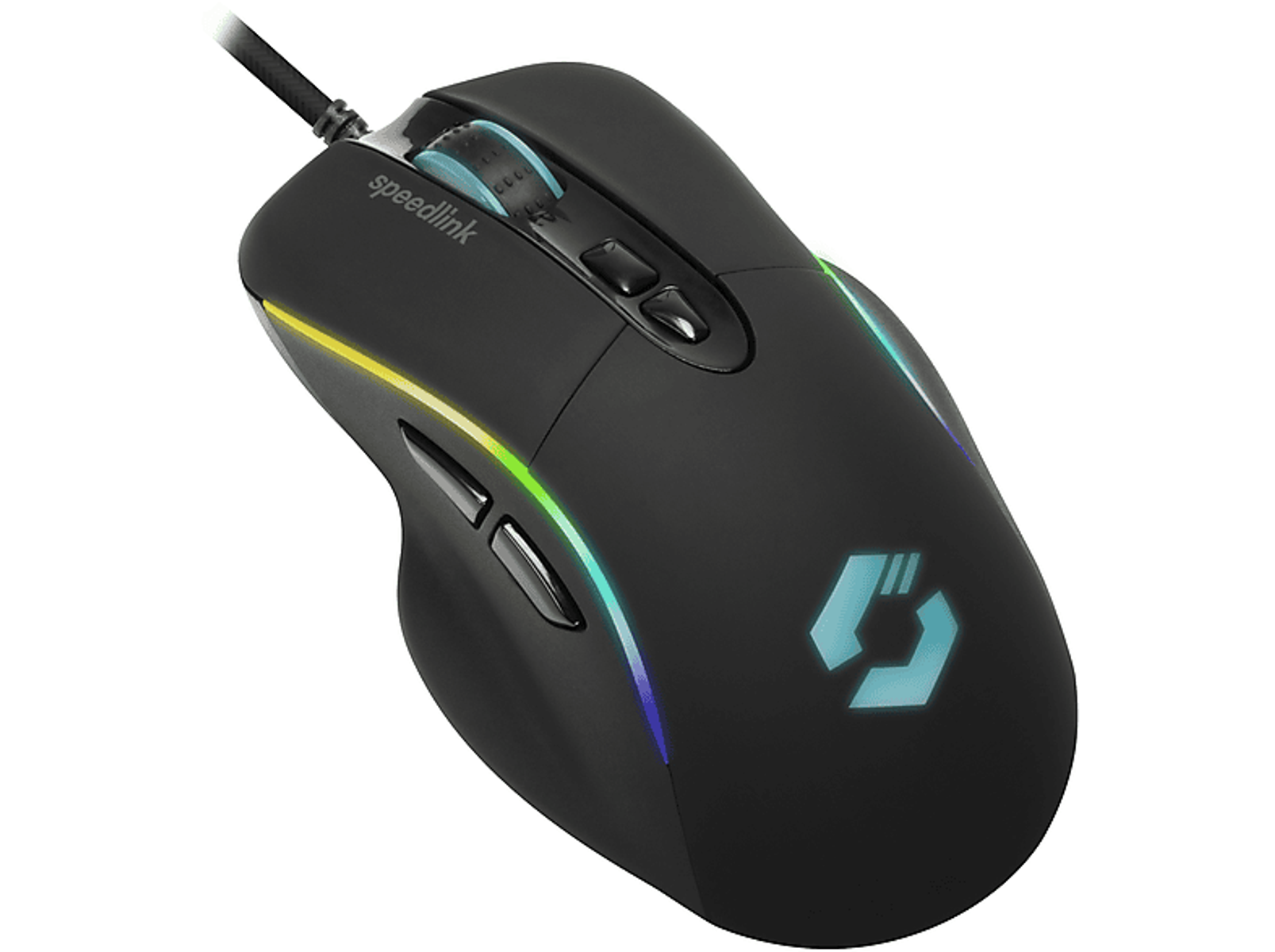 Schwarze Gaming-Maus mit farbigen Lichtern und Speedlink-Logo. Winkelansicht.