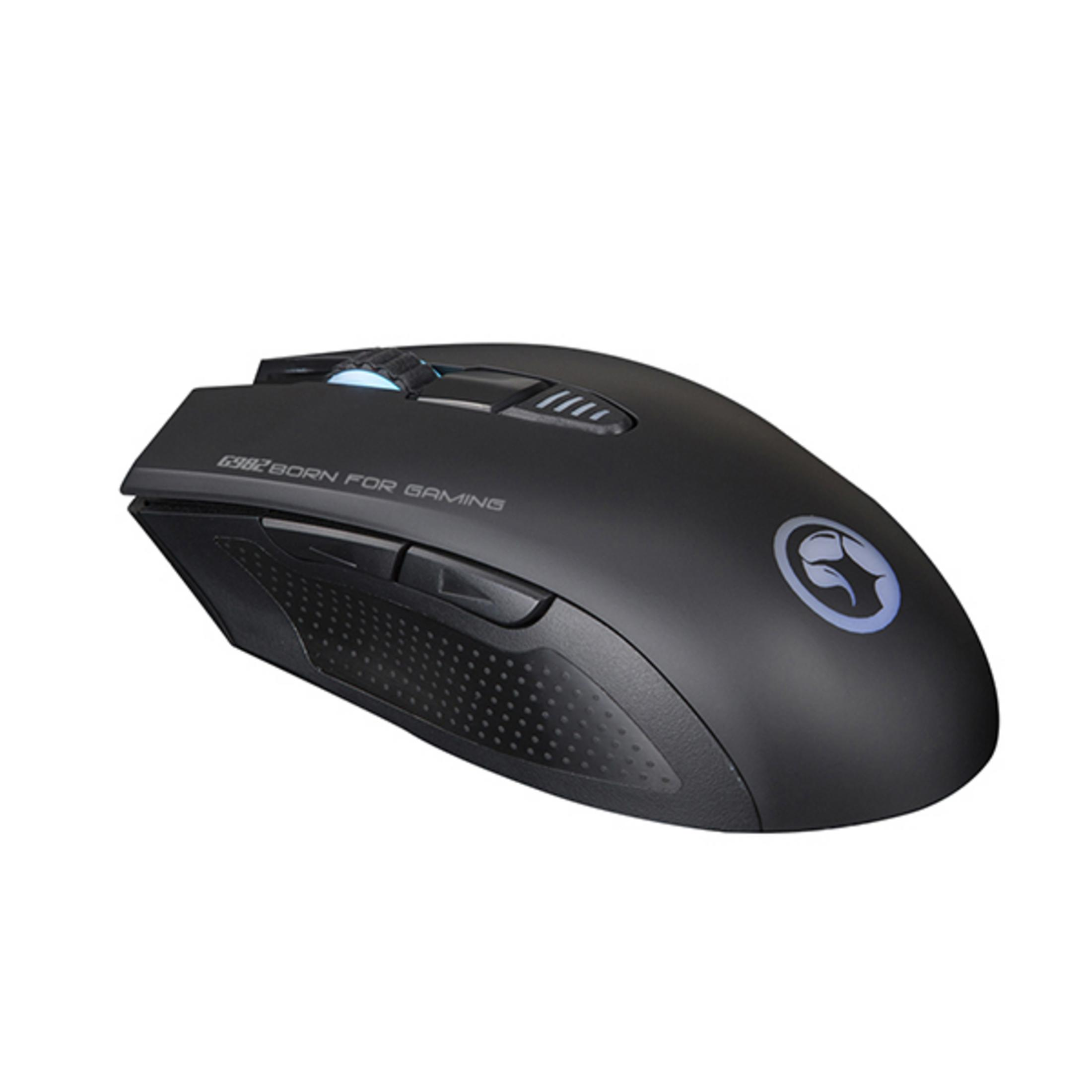 Schwarze Gaming-Maus mit Knöpfen und Logo. Sie hat ein schlankes, ergonomisches Design.