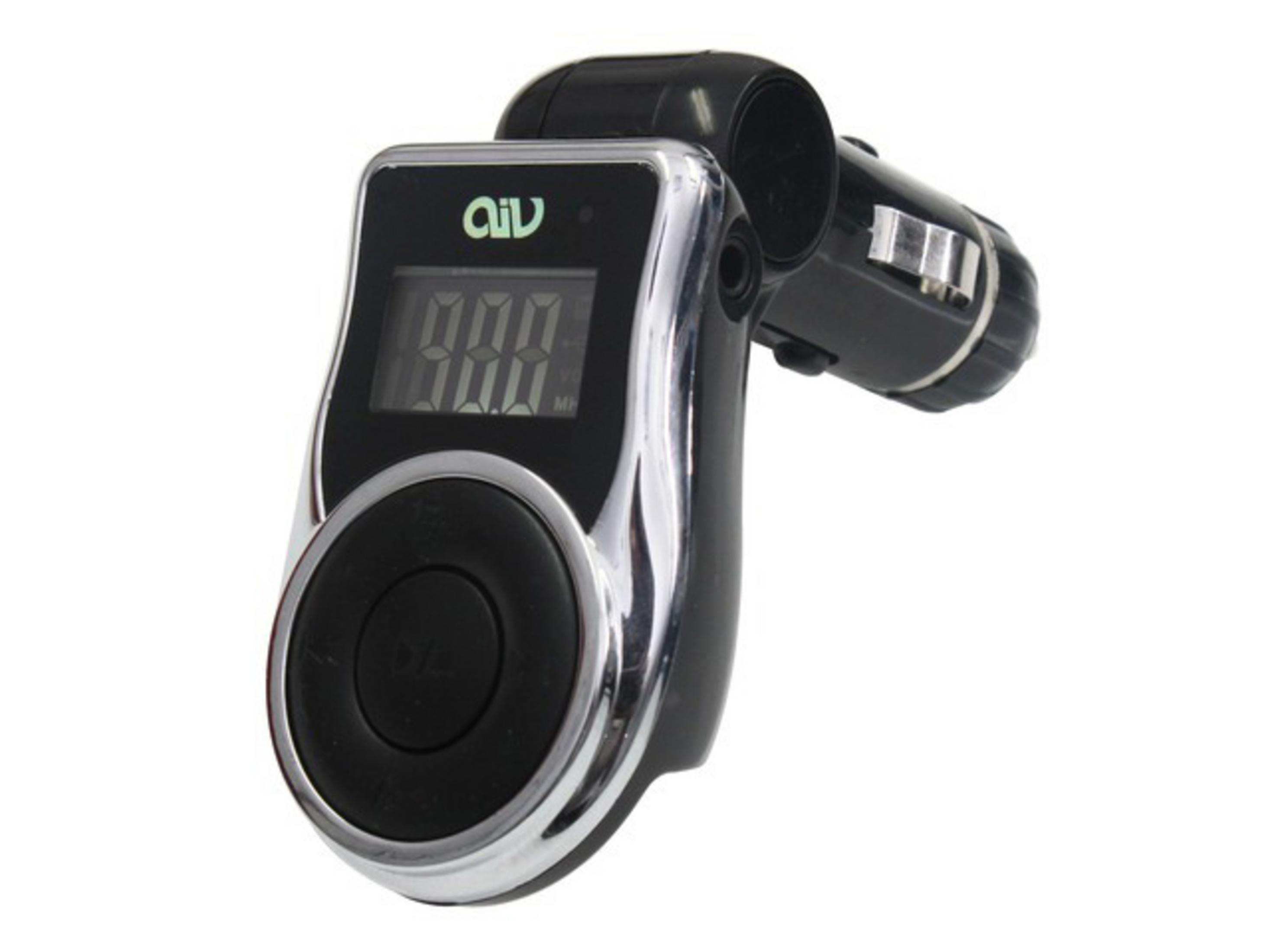 Schwarzer und silberner FM-Transmitter fürs Auto mit Digitalanzeige und Steuertasten.