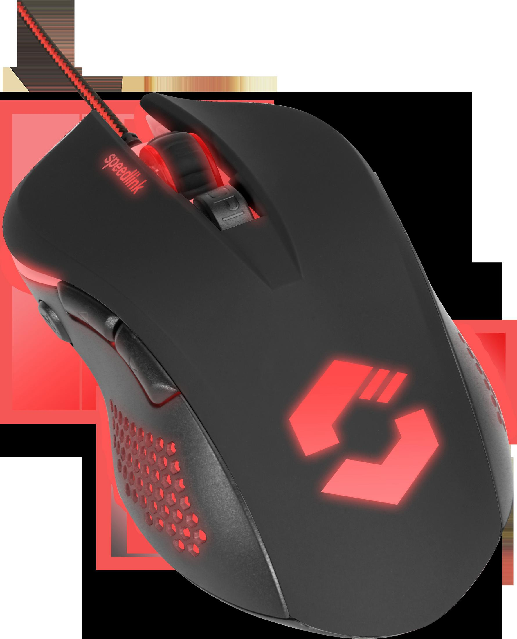 Ratón gaming negro con detalles rojos y logotipo. Rueda de desplazamiento y botones.