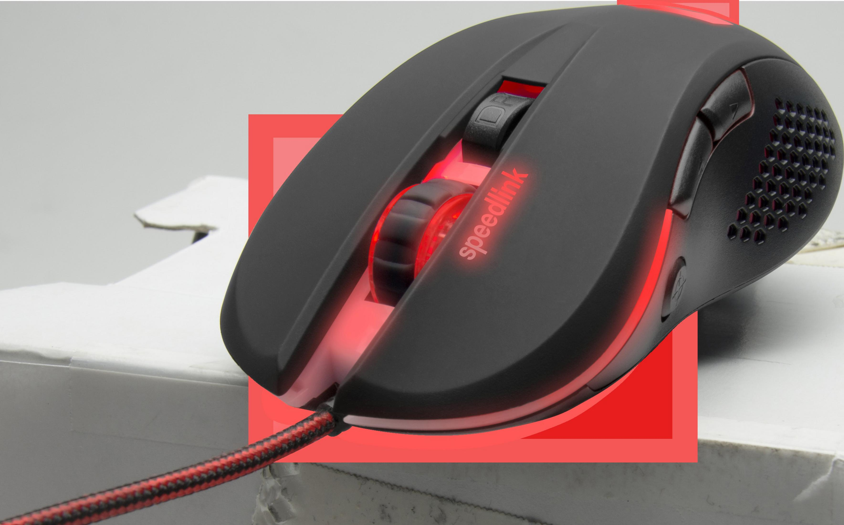 Ratón de ordenador negro con detalles rojos, rueda de desplazamiento y cable rojo.