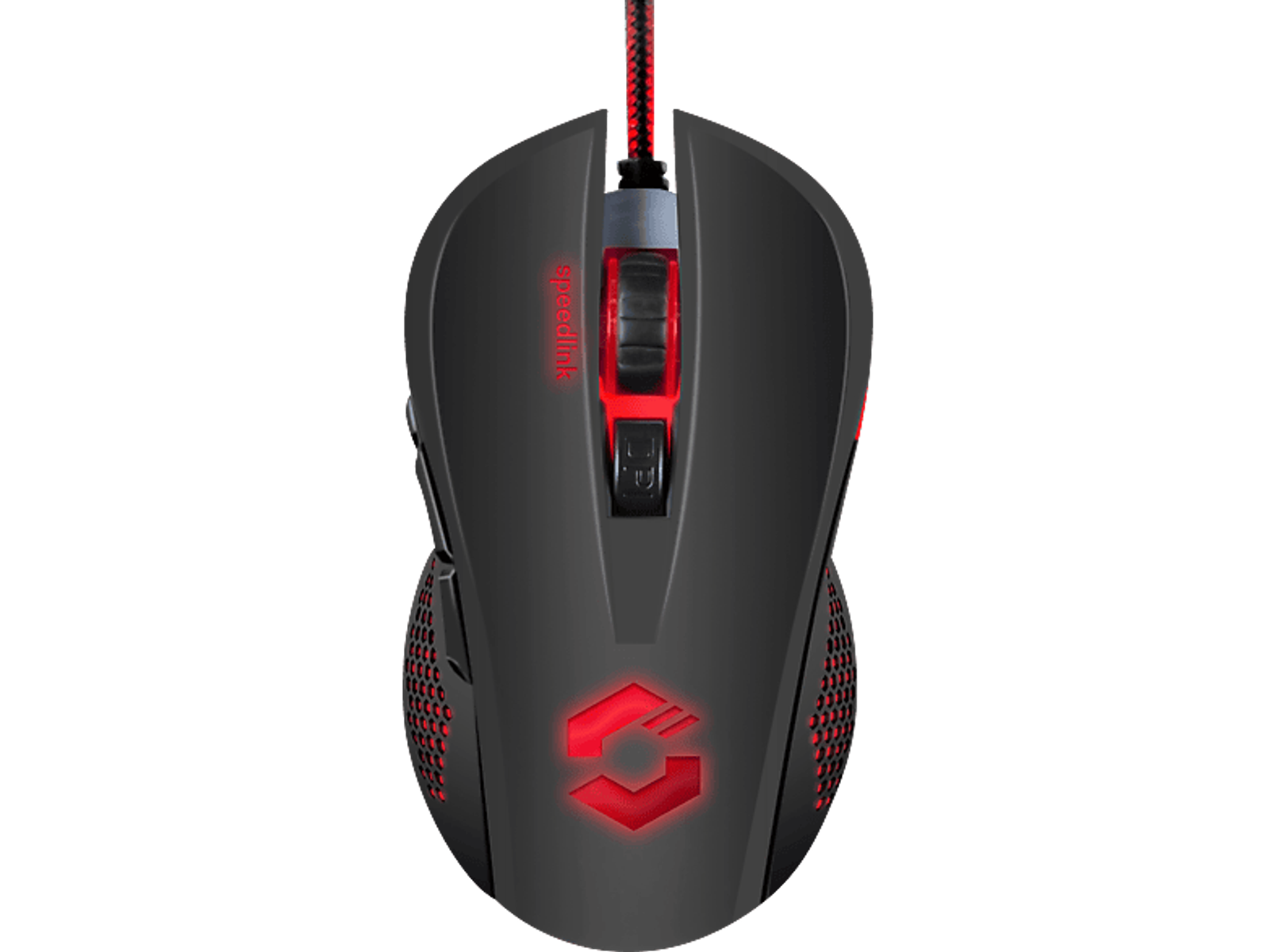 Vista superior de un ratón para juegos Speedlink negro y rojo.
