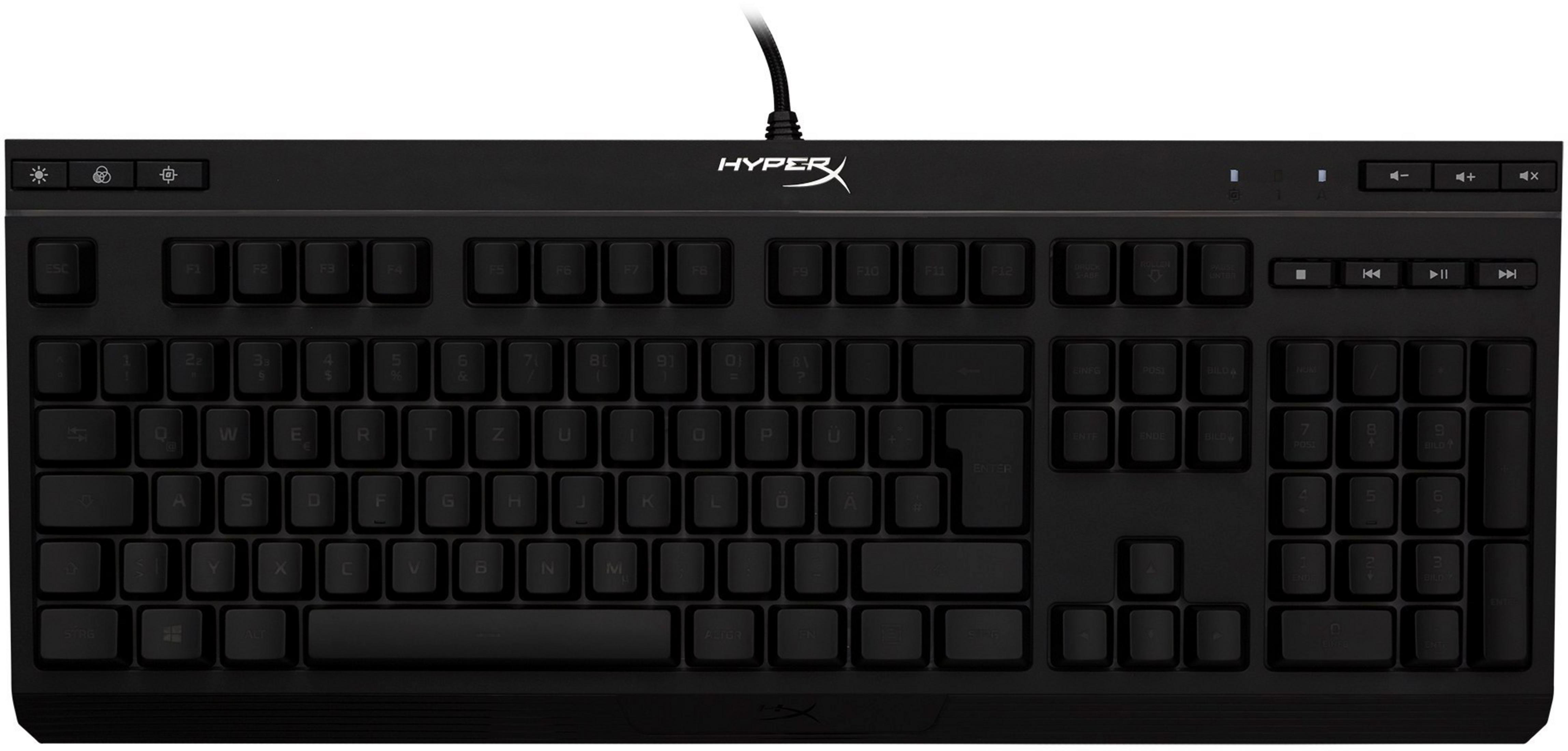 Eine schwarze Tastatur mit weißen Tasten und einem HyperX-Logo, mit angeschlossenem Netzkabel.