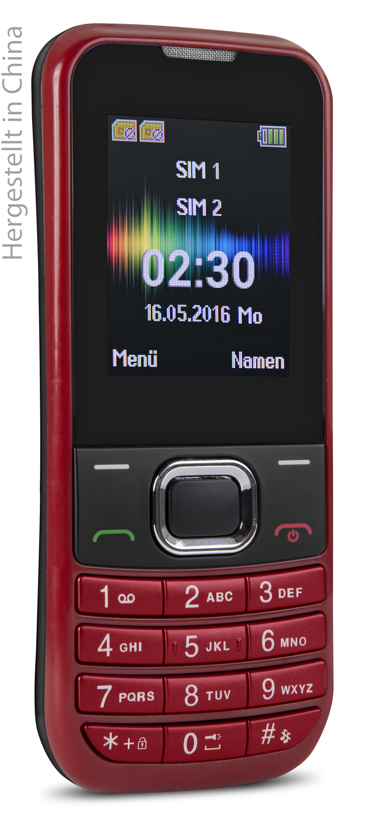 Rotes Telefon vorne. Bildschirm zeigt Zeit, Datum und Signal. Tasten und Zahlen sind sichtbar.