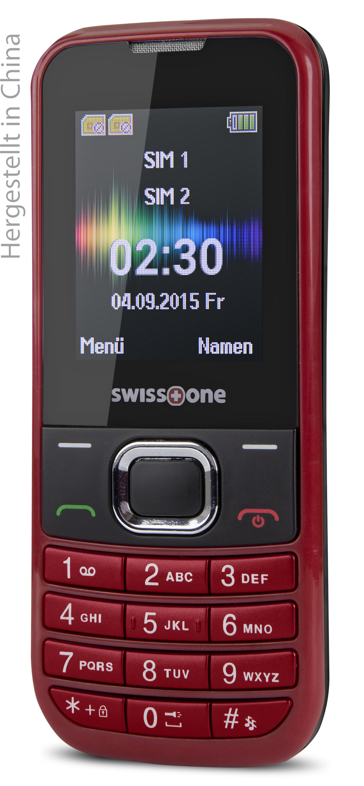 Rotes Telefon vorne. Bildschirm zeigt Zeit, Datum und Signal. Tasten und Zahlen sind sichtbar.