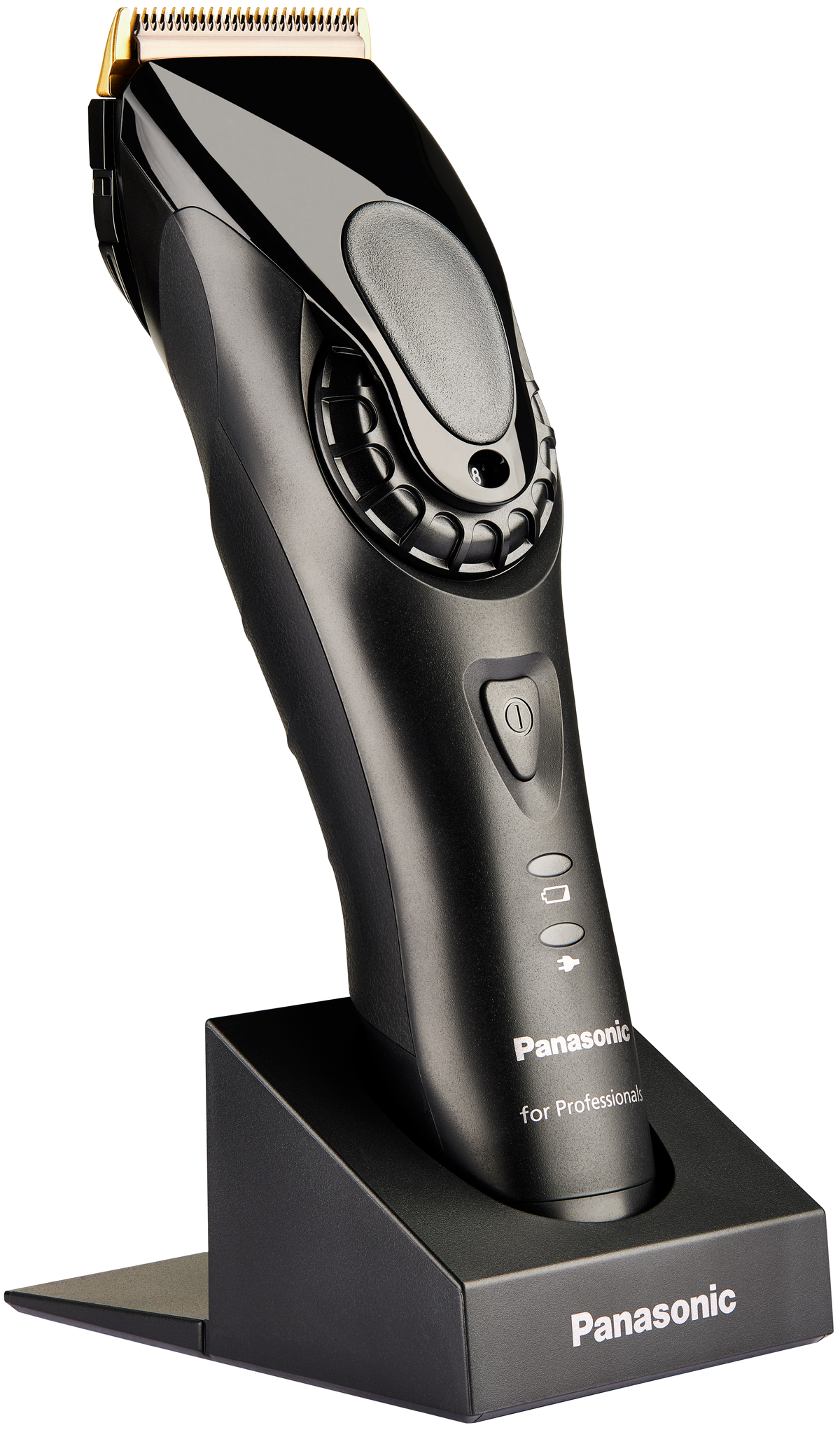 Tosatrice Panasonic nera su supporto nero, primo piano, ripresa dettagliata, su sfondo bianco.