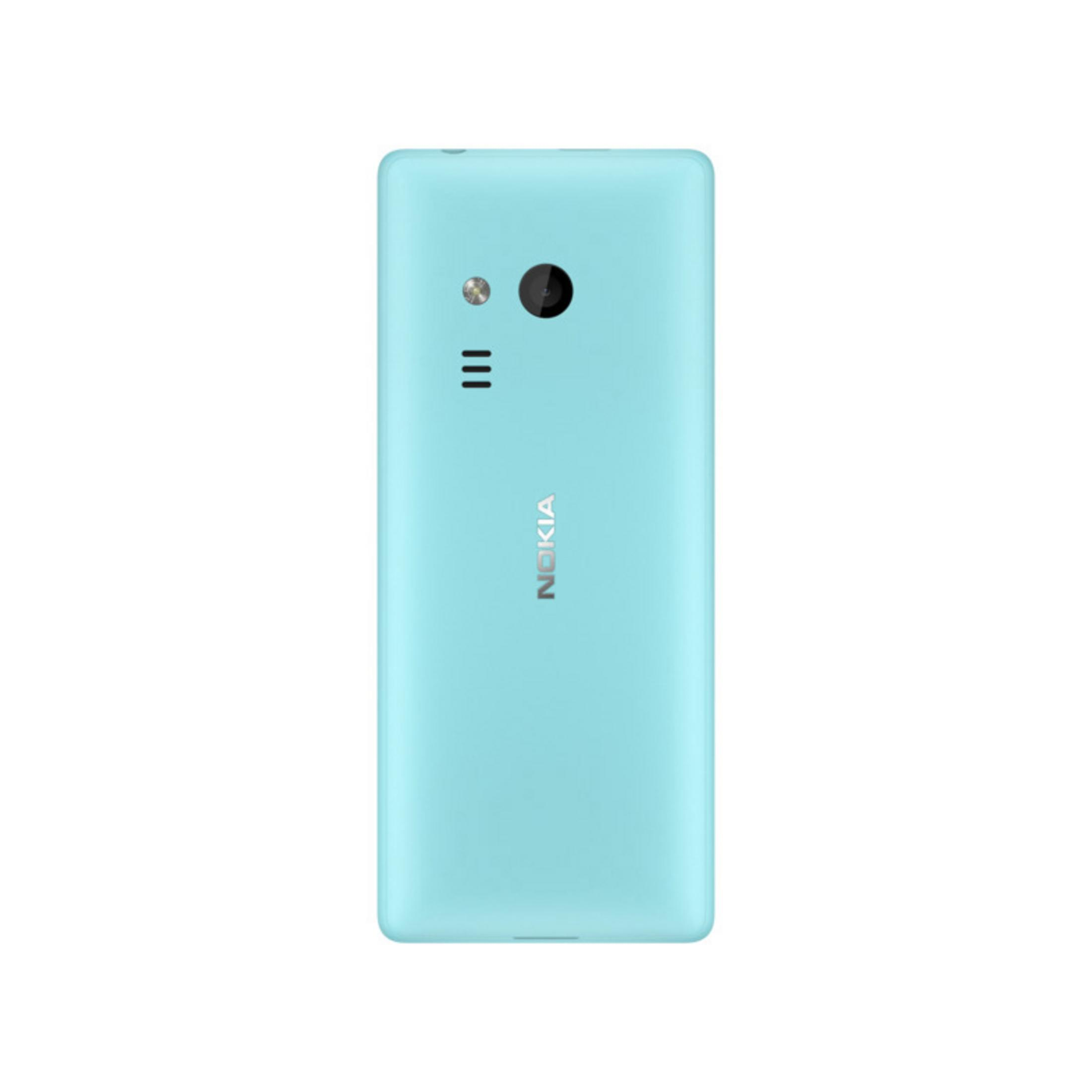 Rückseite des hellblauen Nokia-Telefons. Kamera, Nokia-Logo und Lautsprecher sichtbar.
