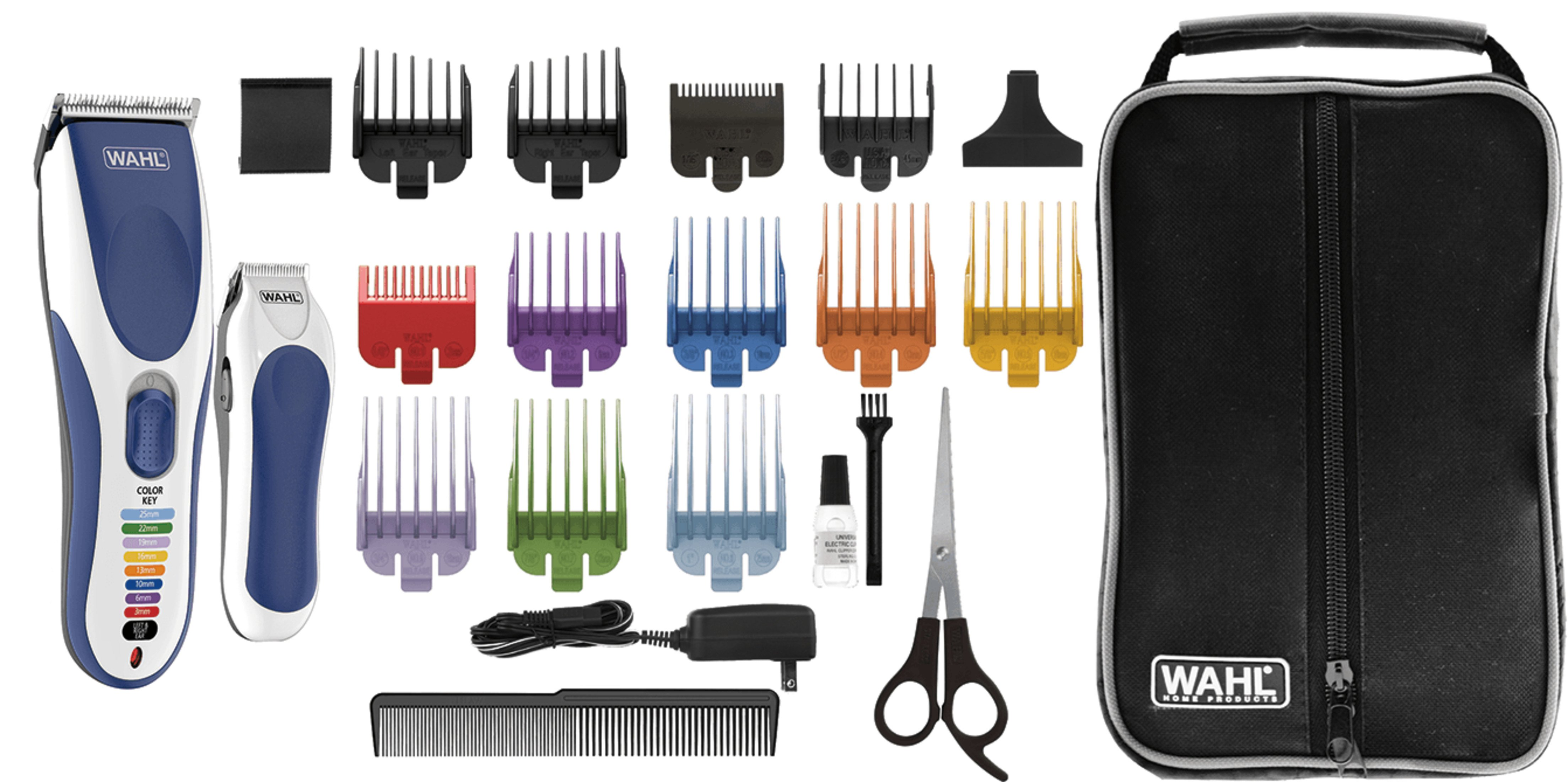 Wahl Haarschneideset mit Zubehör, einschließlich Aufsätzen, Kamm und Schere.