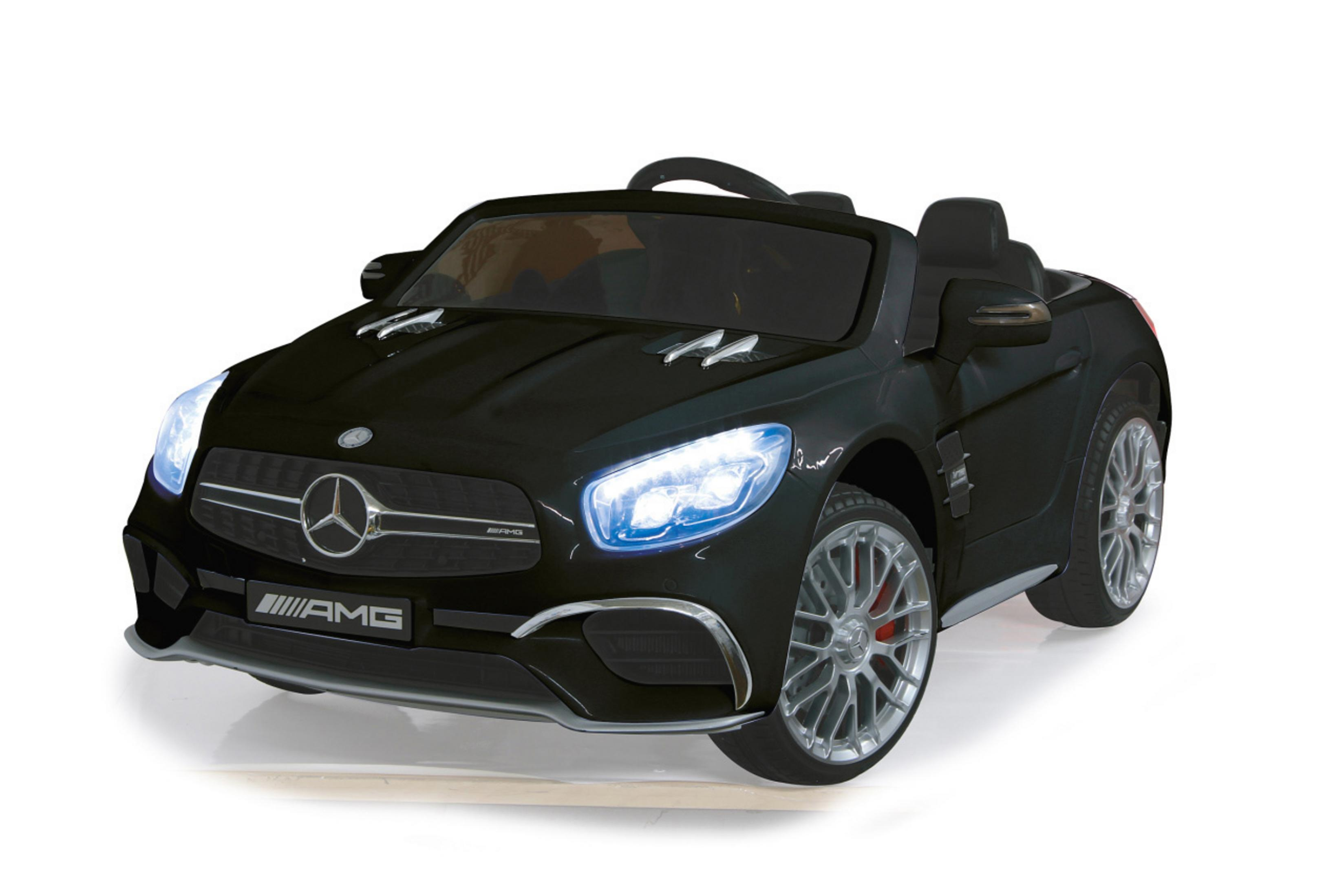 Schwarzes Spielzeug-Mercedes-Benz AMG SL Roadster-Auto auf weißem Hintergrund.