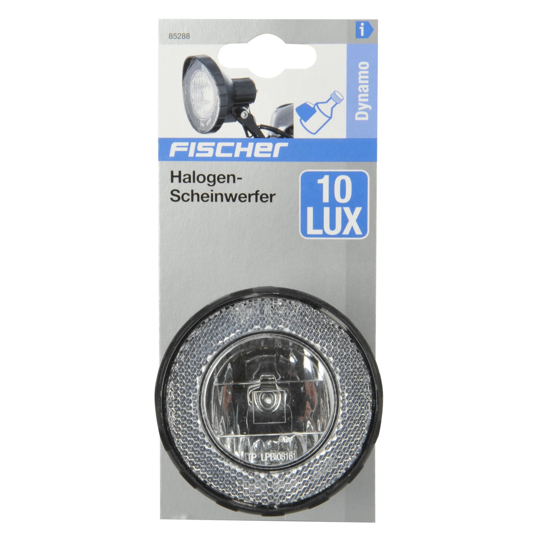 Halogen-Scheinwerfer-Paket. Schwarzer und silberner Scheinwerfer mit schwarzem und weißem Paket. Dynamo-Etikett.