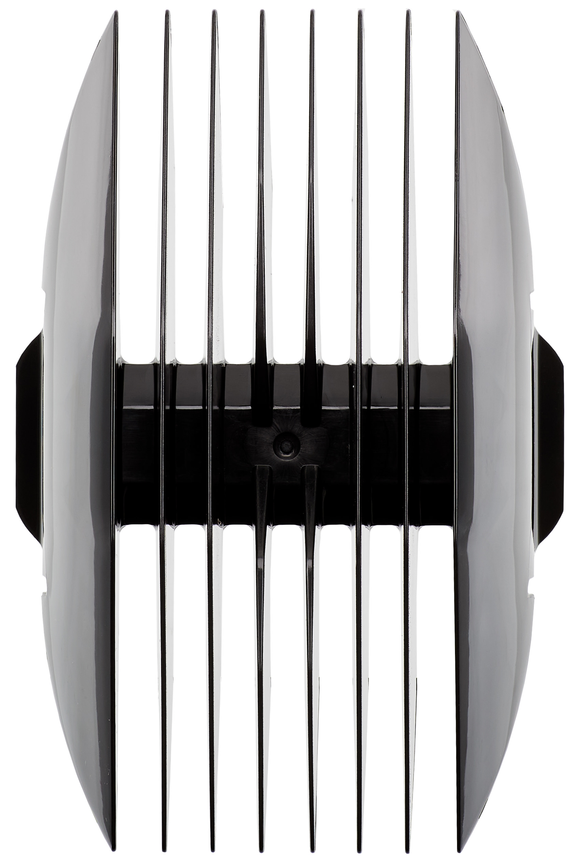 Accessorio pettine per tagliacapelli argentato e nero con lame multiple.