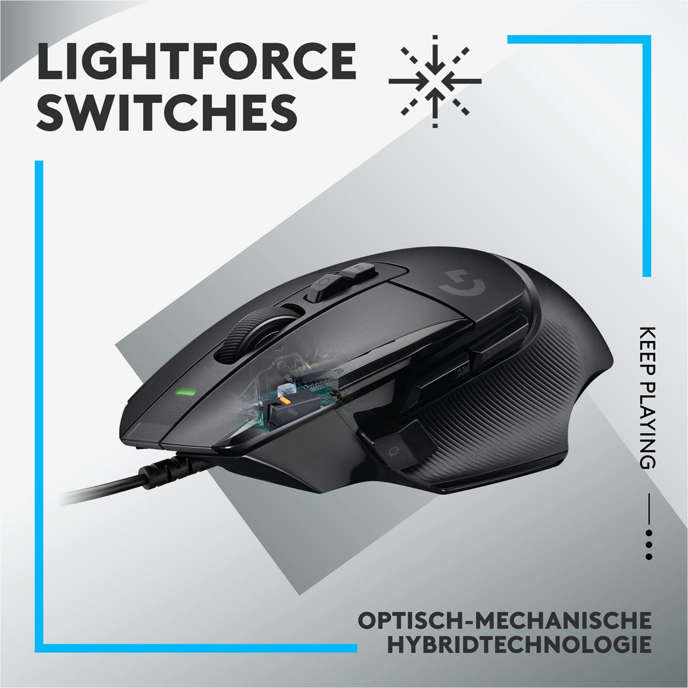 Black gaming mouse with the text "LIGHTFORCE SWITCHES" and  "KEEP PLAYING".