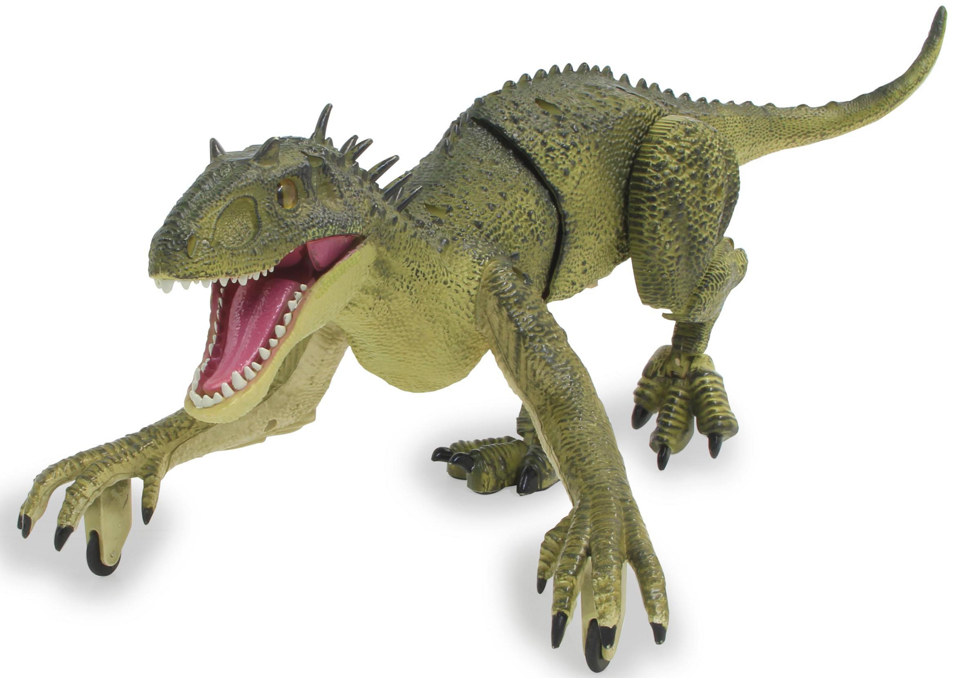 Grünes Dinosaurierspielzeug mit offenem Maul, Zähnen und Krallen zeigend.
