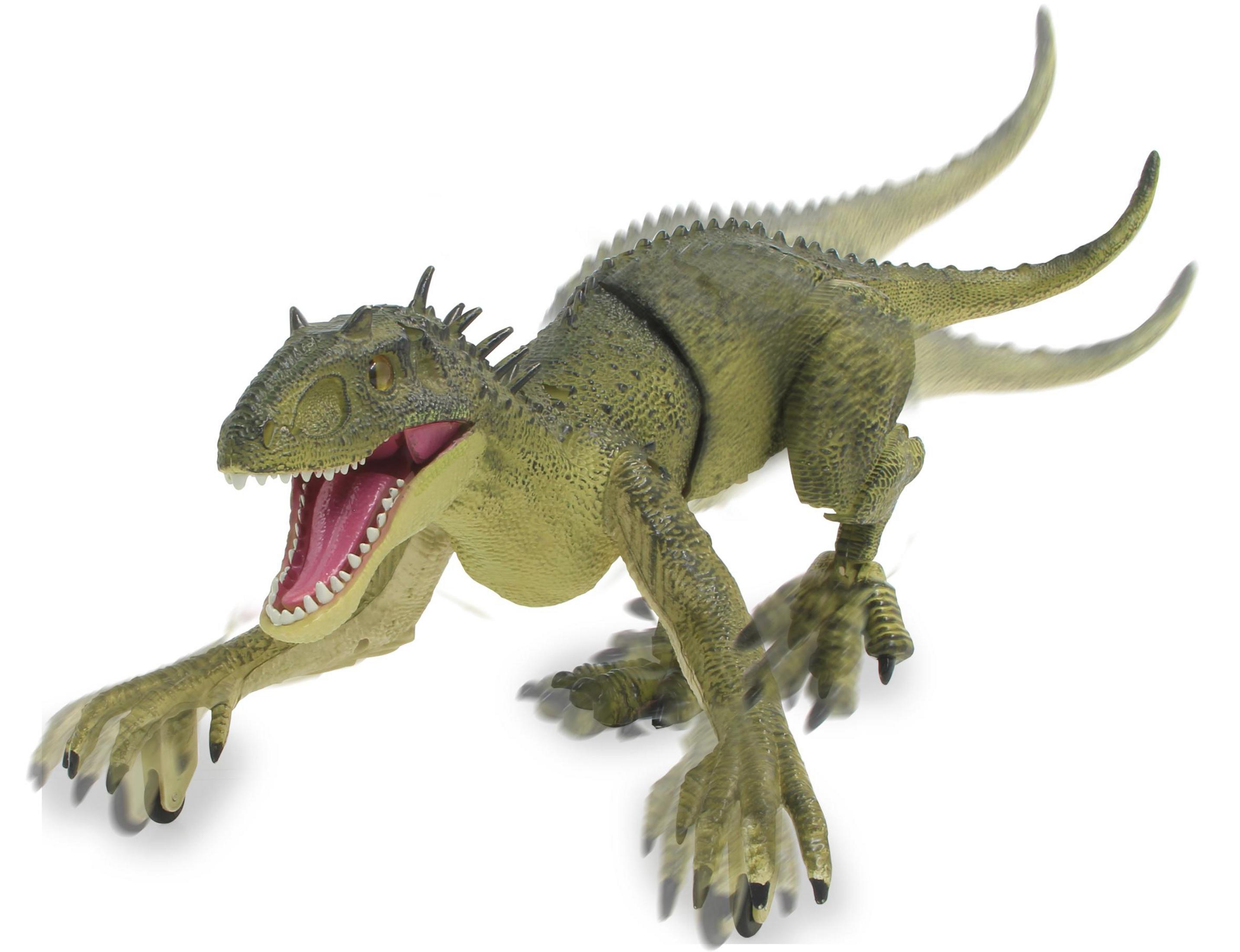 Grünes Dinosaurier-Spielzeug mit offenem Maul und ausgestreckten Armen.