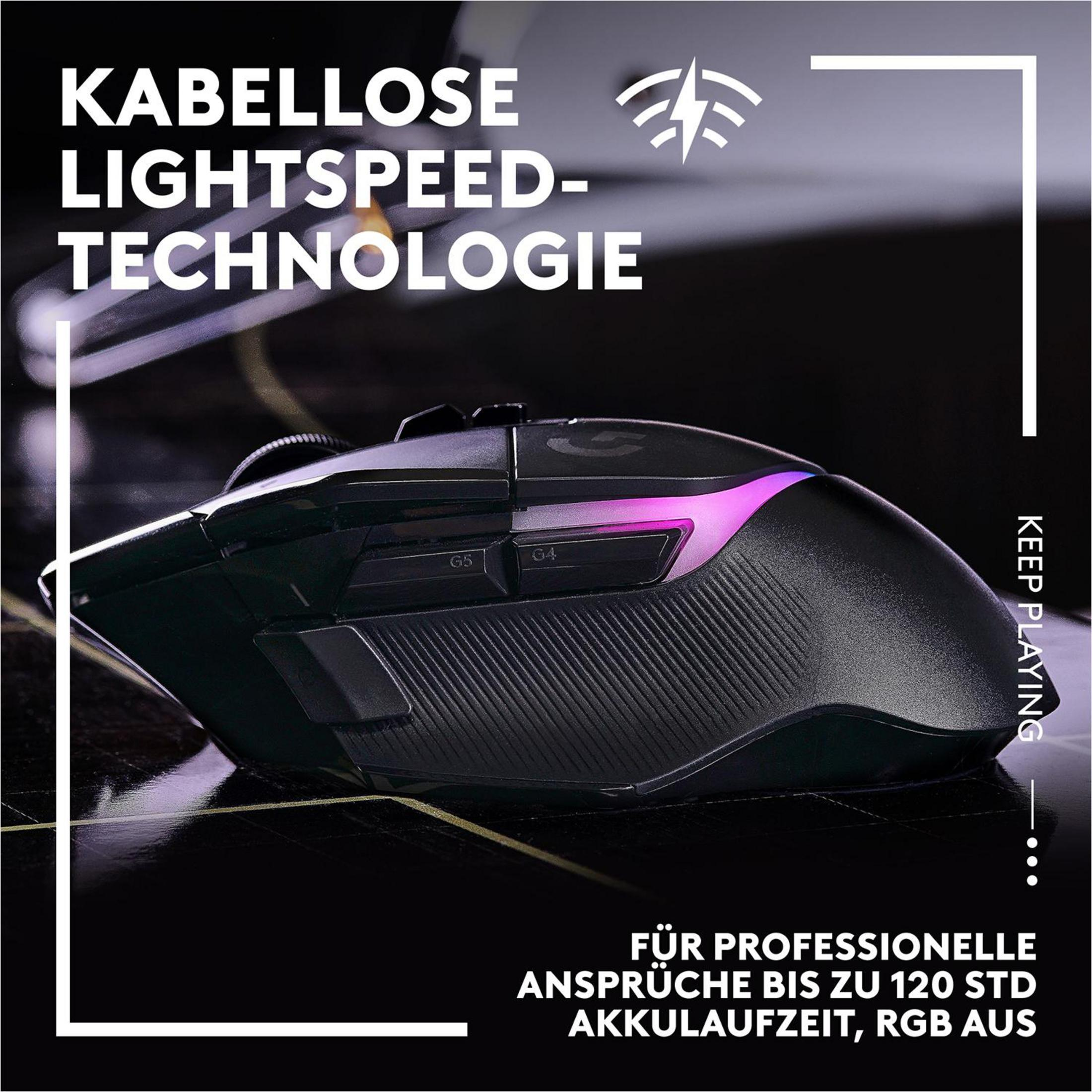 A black gaming mouse. Text: Kabellose LIGHTSPEED-TECHNOLOGIE (Wireless LIGHTSPEED TECHNOLOGY).
