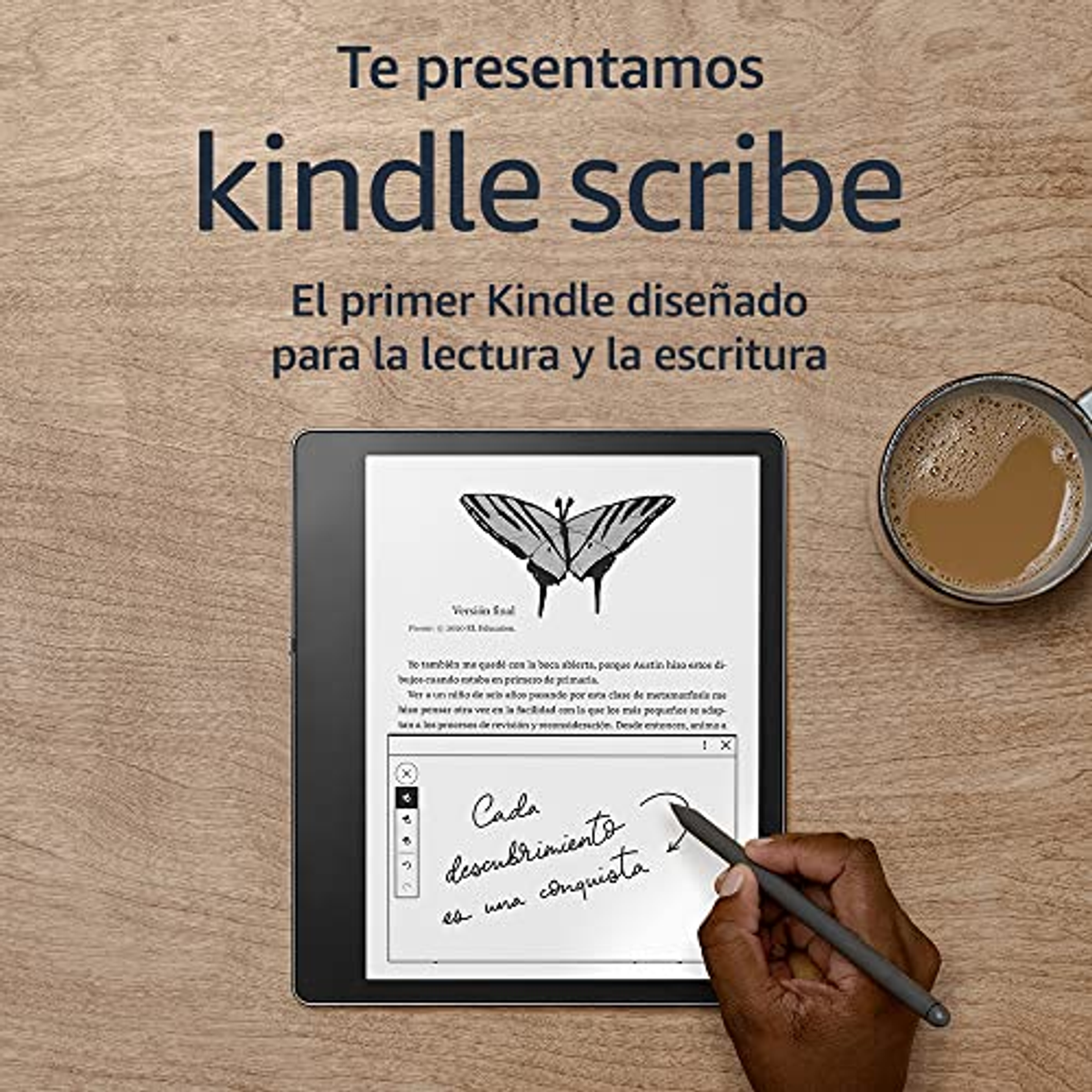 Una persona usa un lápiz óptico en una tableta negra, Kindle Scribe, con texto.