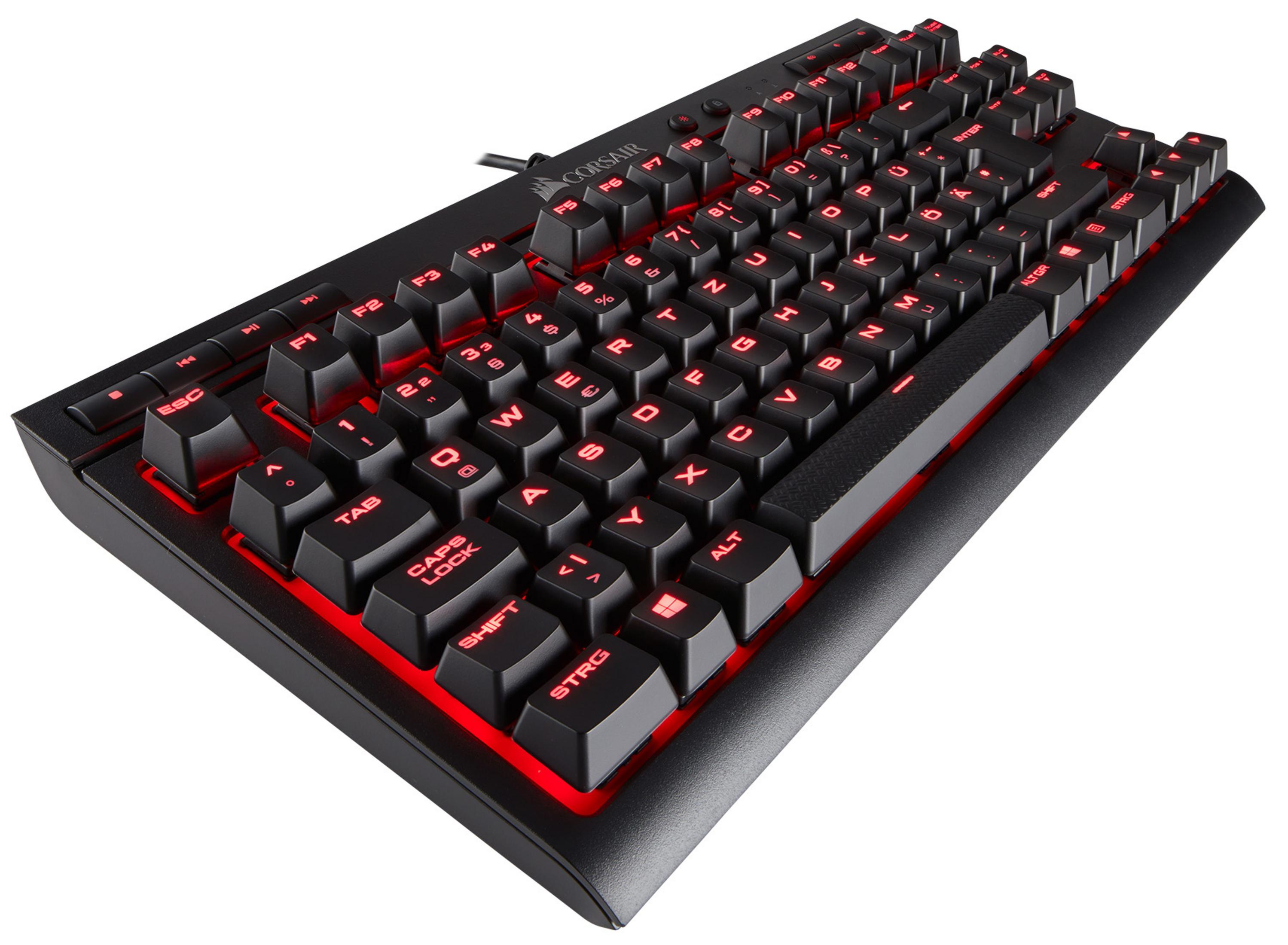 Schwarze mechanische Tastatur mit roter Hintergrundbeleuchtung und schwarzen Tastenkappen.