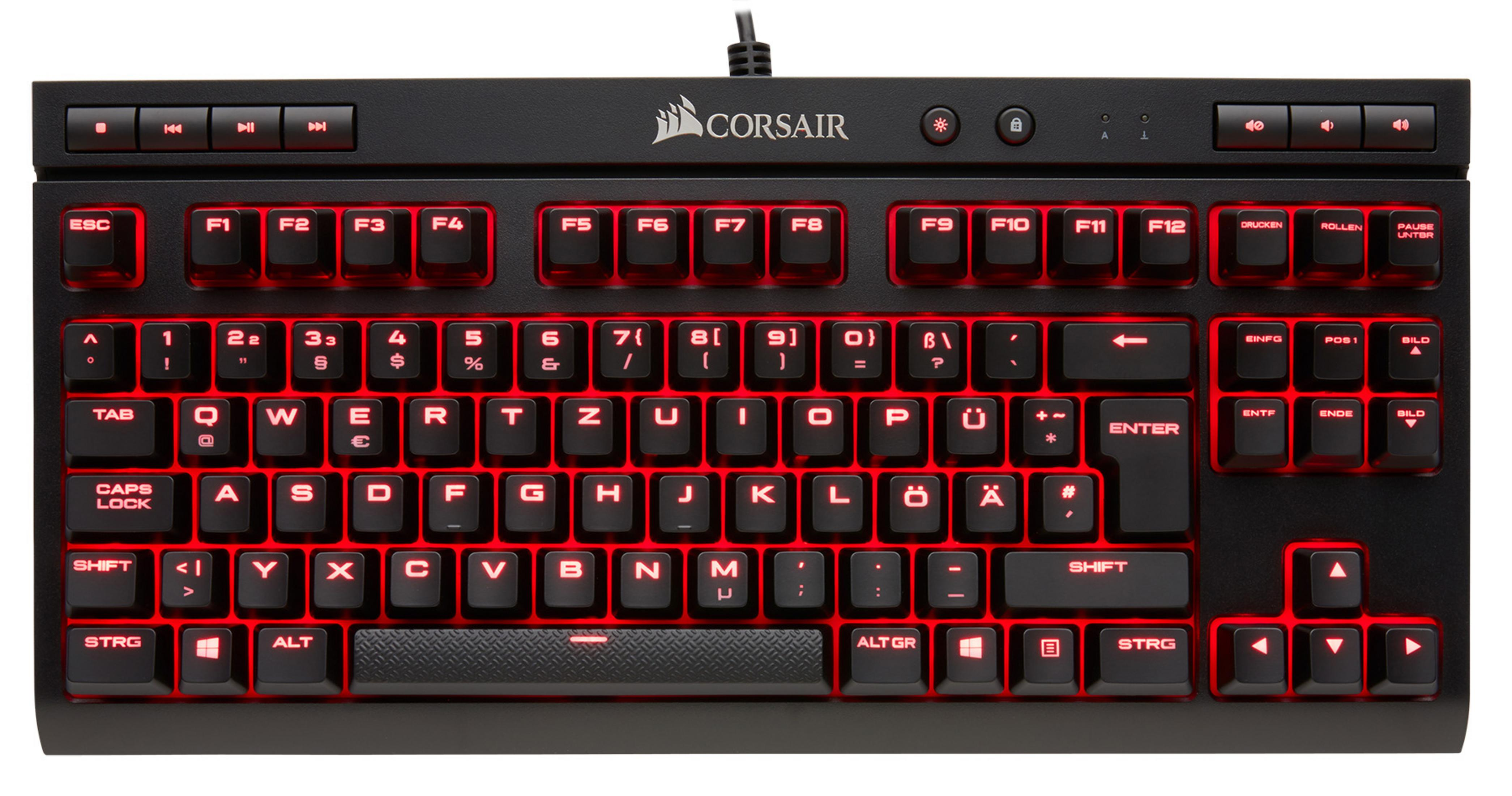 Schwarze Corsair-Tastatur mit rot hinterleuchteten Tasten. Die Tasten sind mit Buchstaben, Zahlen und Symbolen beschriftet.