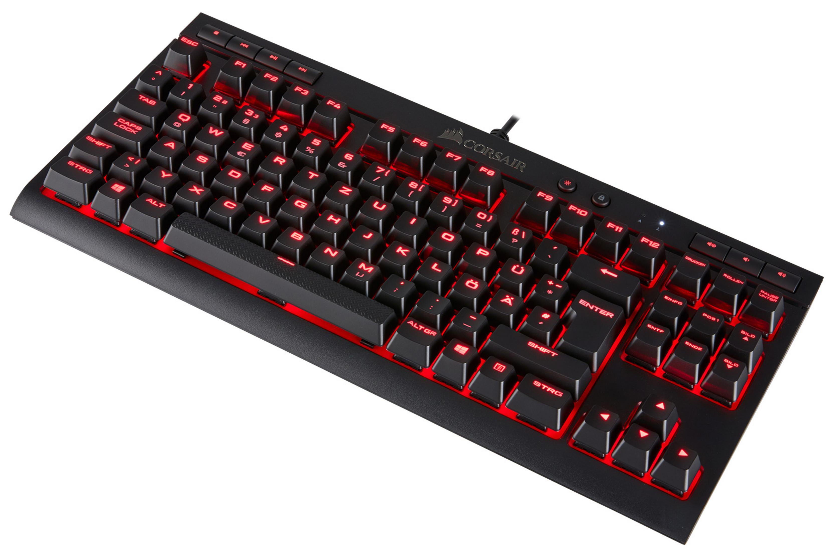 Eine schwarze Tastatur mit Hintergrundbeleuchtung und roten Lichtern, die die Tasten beleuchten, nach rechts abgewinkelt.