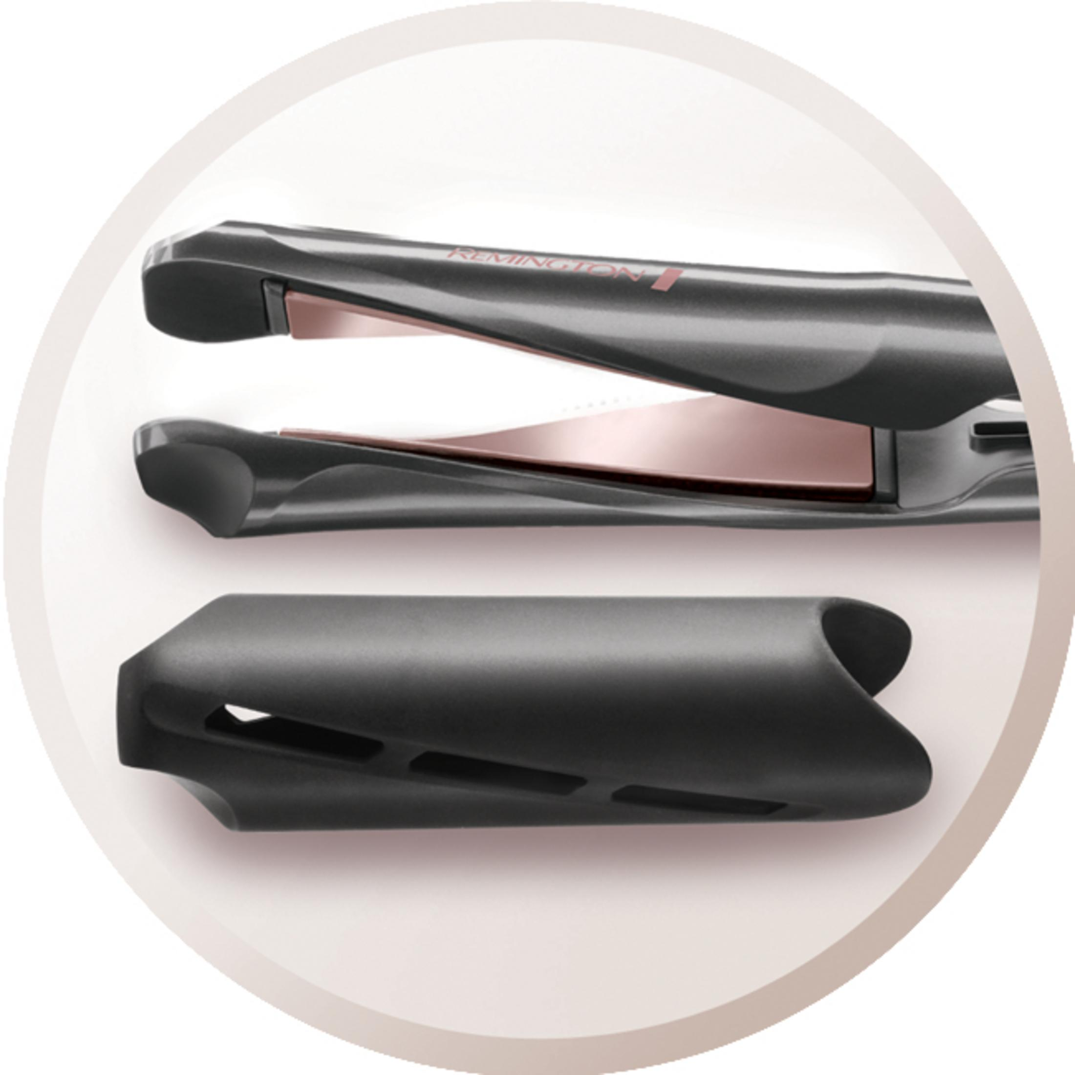 Piastra per capelli Remington nera con piastre oro rosa e custodia nera resistente al calore.