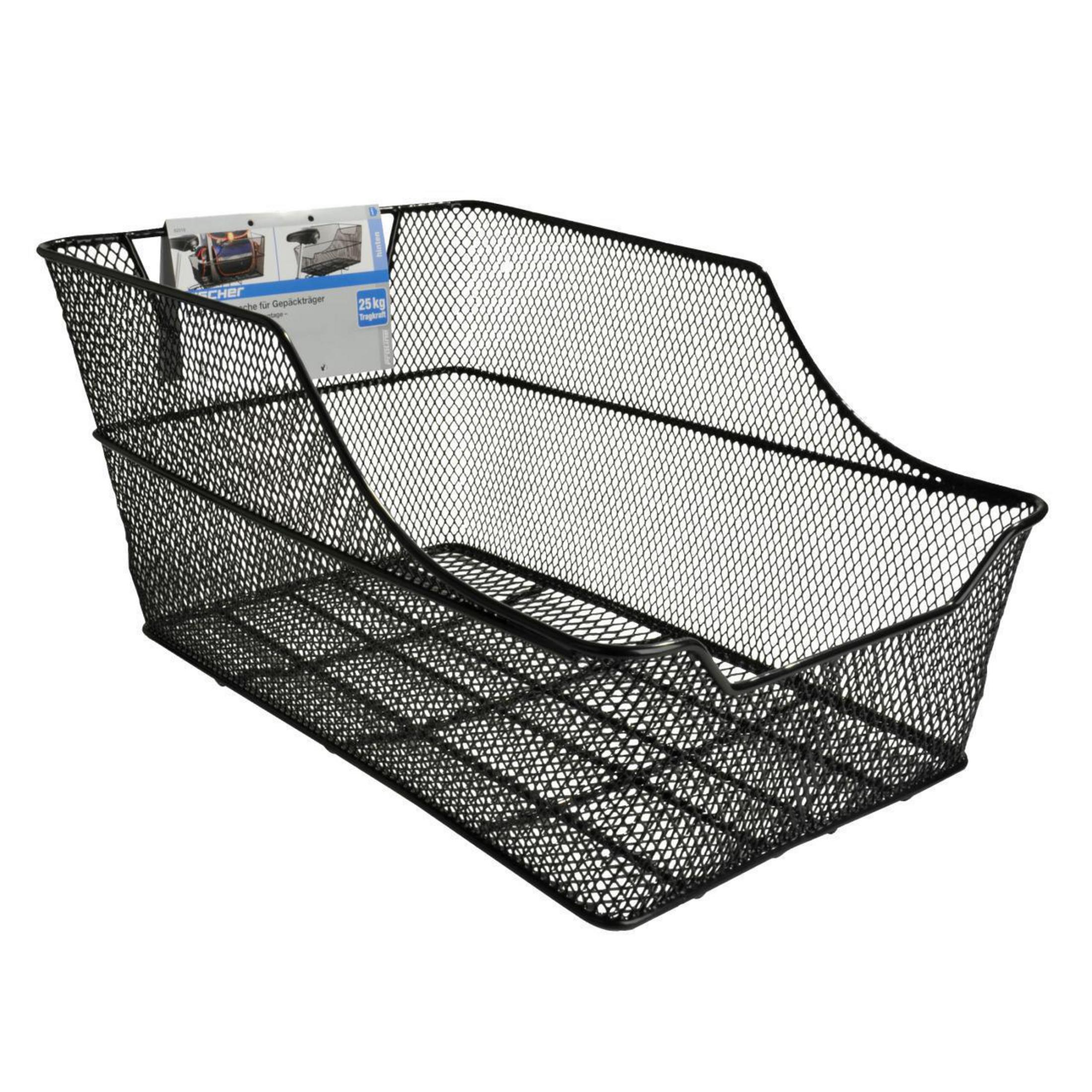 Czarny kosz druciany do roweru, z dołączoną metką.