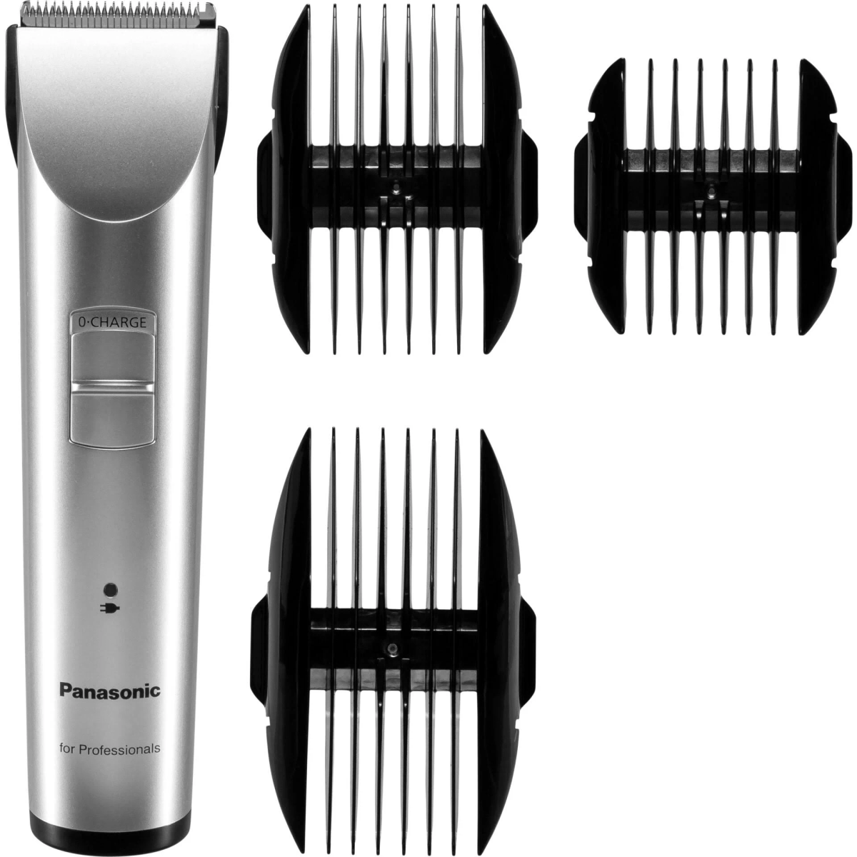 Panasonic Haarschneider mit drei Aufsatzkämmen. Silbernes Gehäuse mit 'Panasonic'.