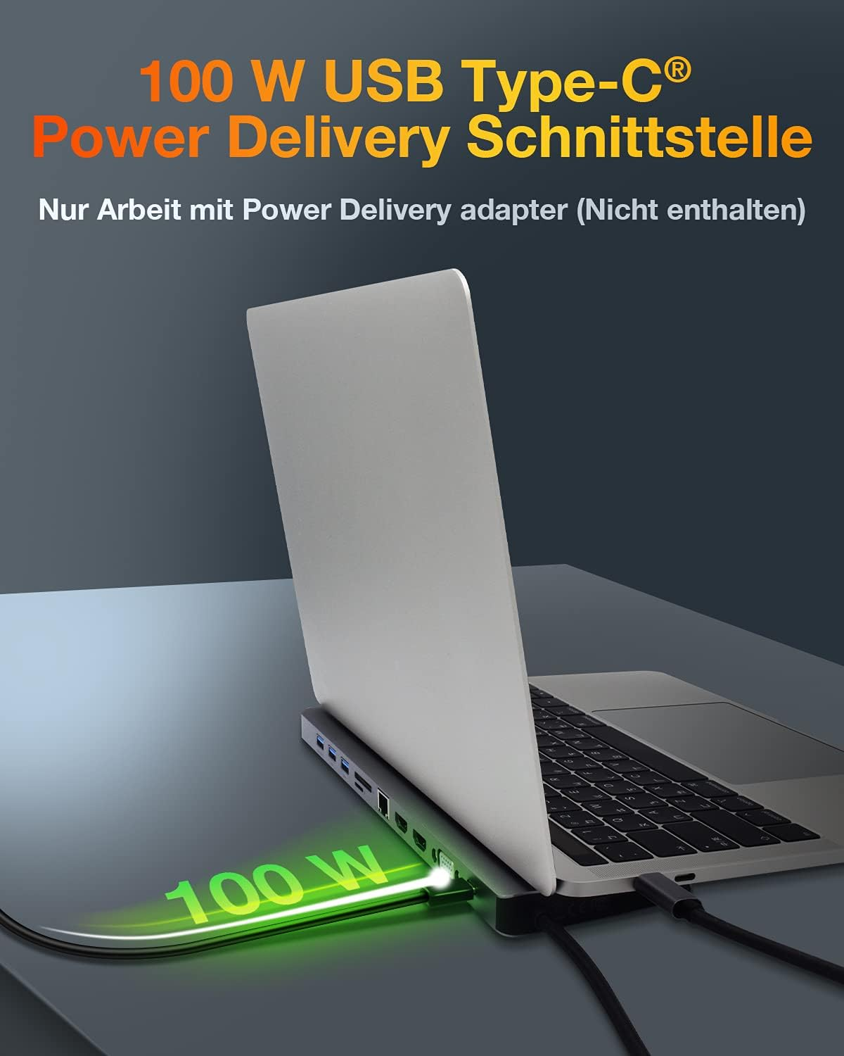Laptop, der an eine Dockingstation angeschlossen ist. Text: 100W USB Typ-C Power Delivery.