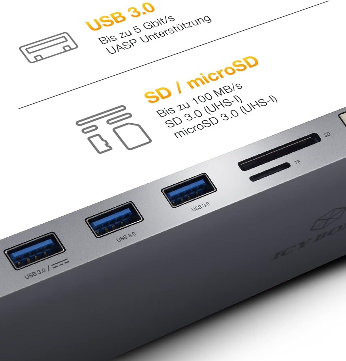 Grauer USB-Hub mit SD/microSD- und USB 3.0-Anschlüssen. Text beschreibt die Funktionen.