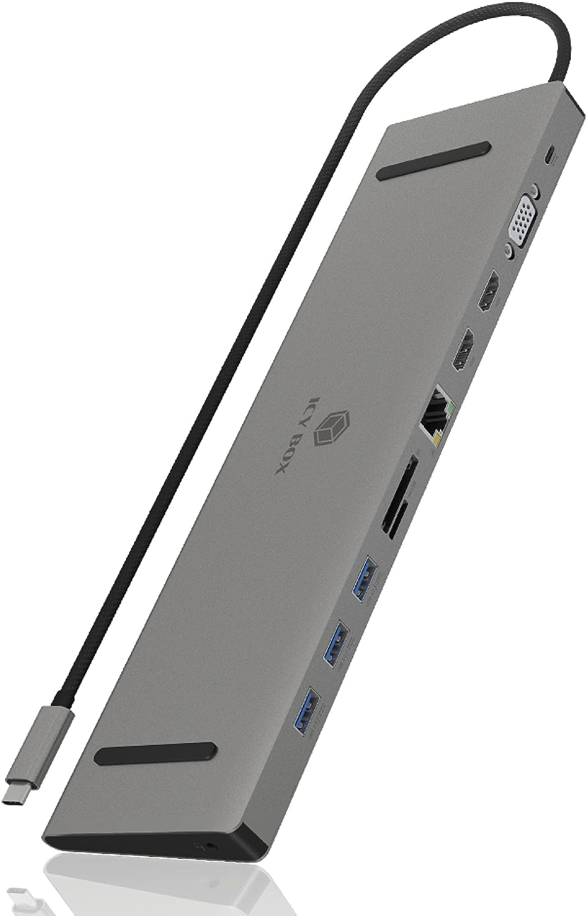 Graue ICY BOX Dockingstation. Sie hat verschiedene Anschlüsse und ein USB-C-Kabel.