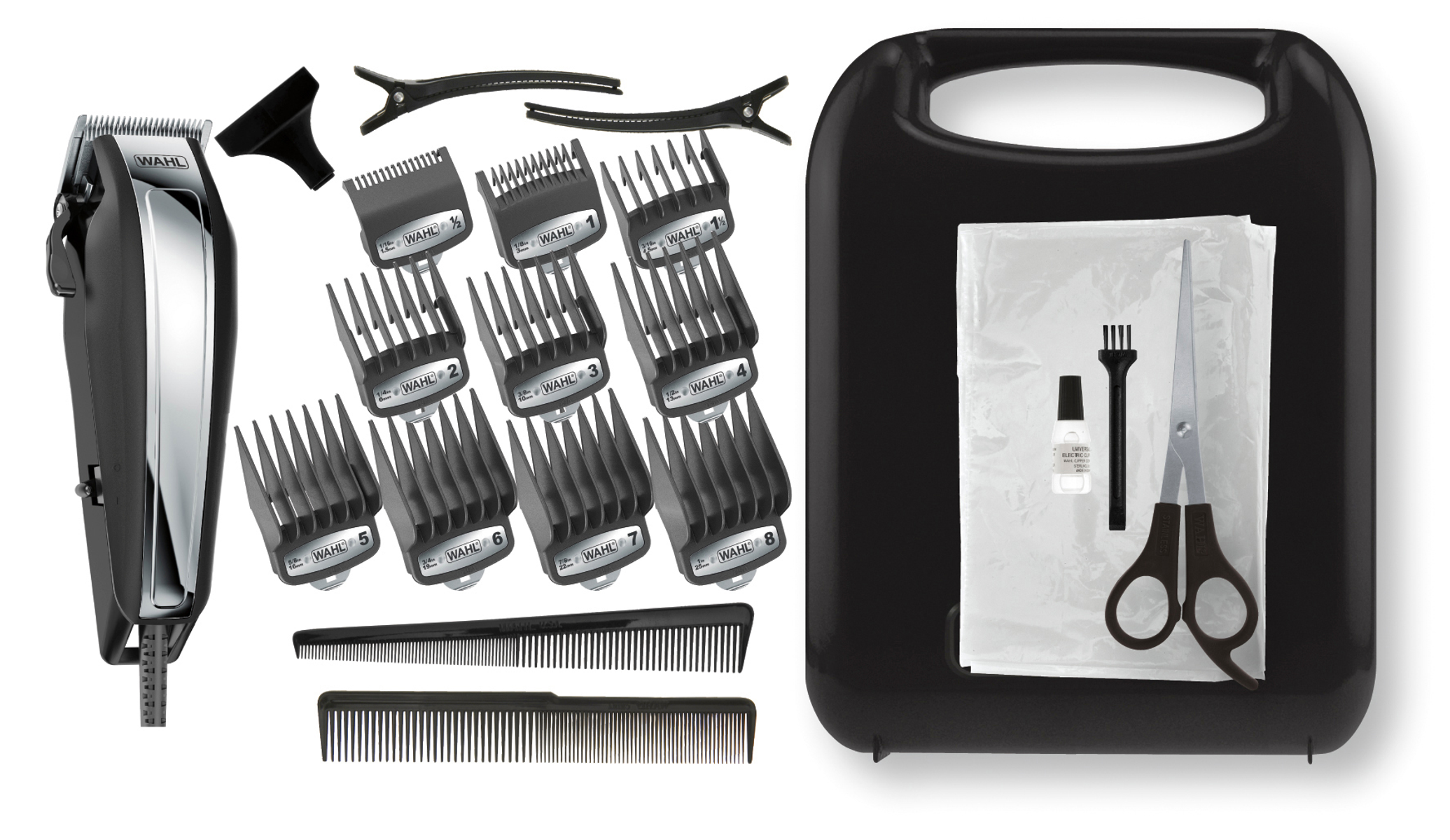 Haarschneide-Set mit Clipper, Aufsätzen, Kämmen und Zubehör in einem Koffer.