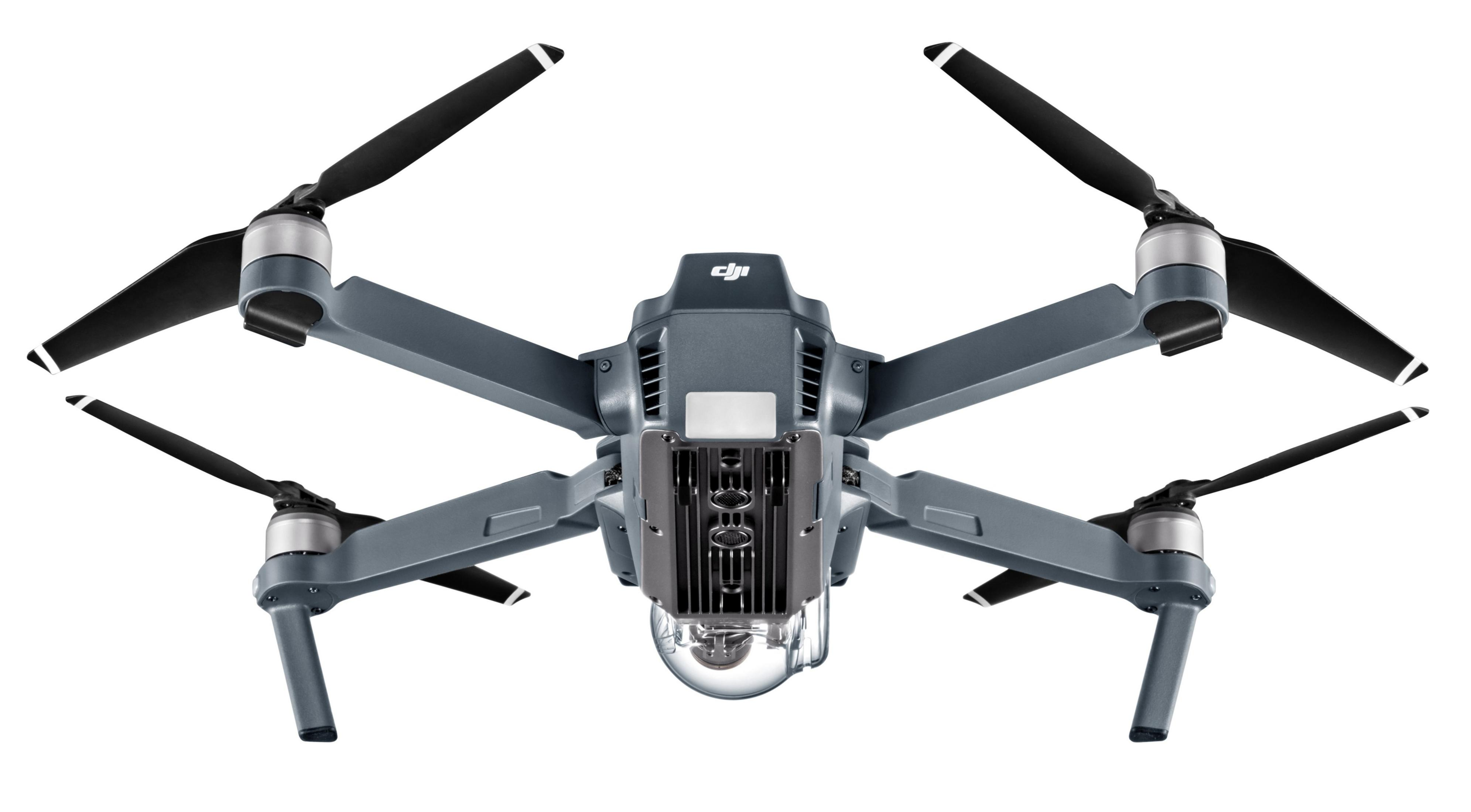Eine graue DJI-Drohne, von unten gesehen, mit vier Propellern und einer Kamera.