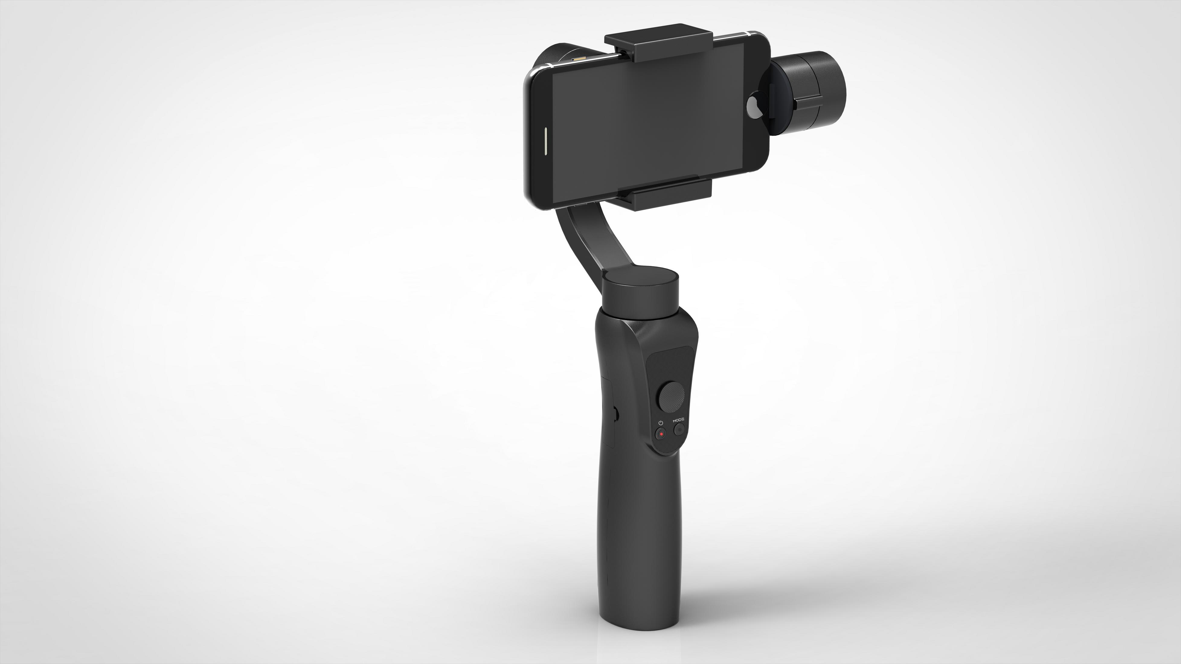 Schwarzer Smartphone-Stabilisator mit befestigtem Telefon. Hat Steuertasten. Weißer Hintergrund.
