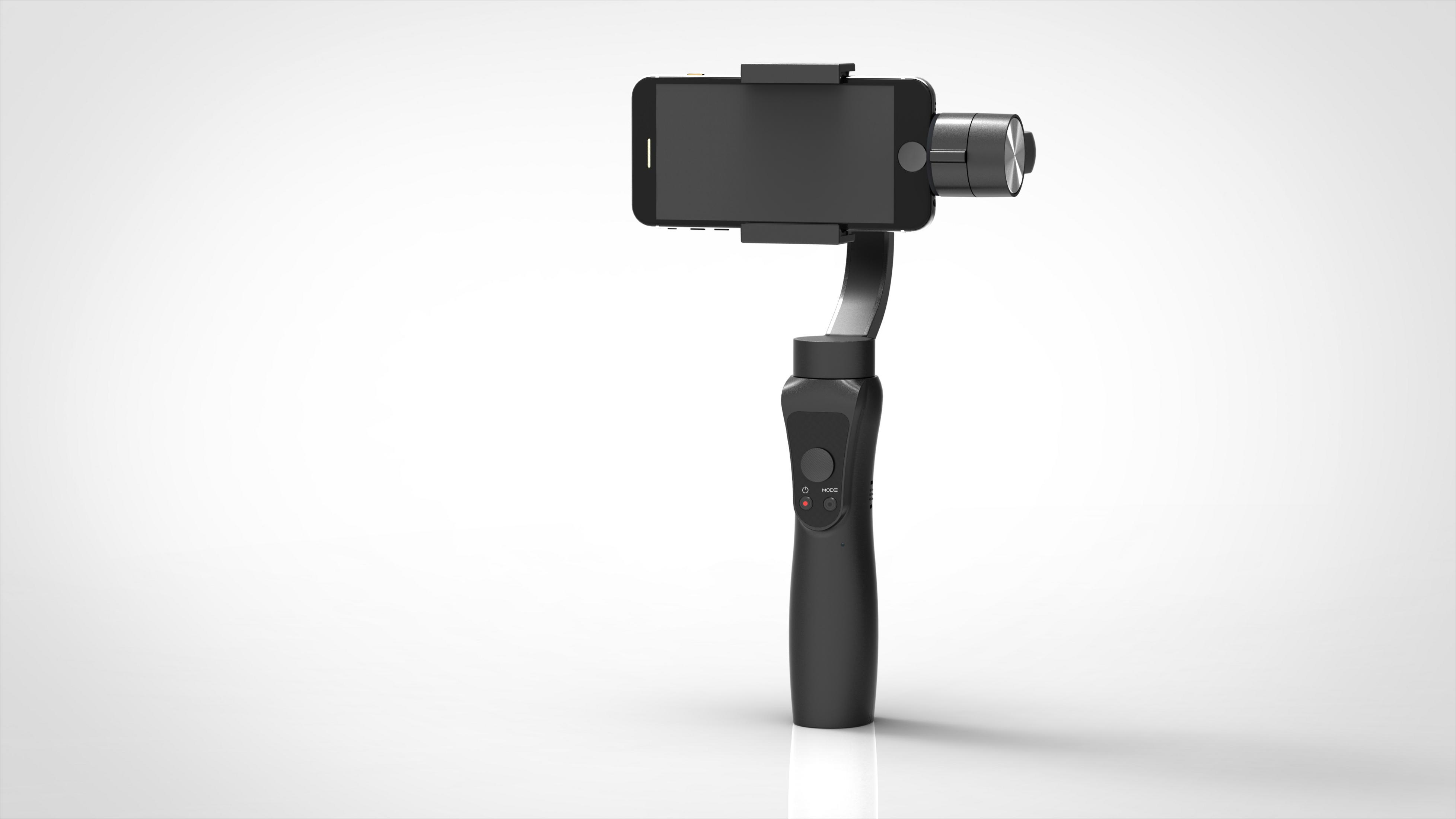 Schwarzer Smartphone-Stabilisator mit befestigtem Telefon. Auf weißem Hintergrund.