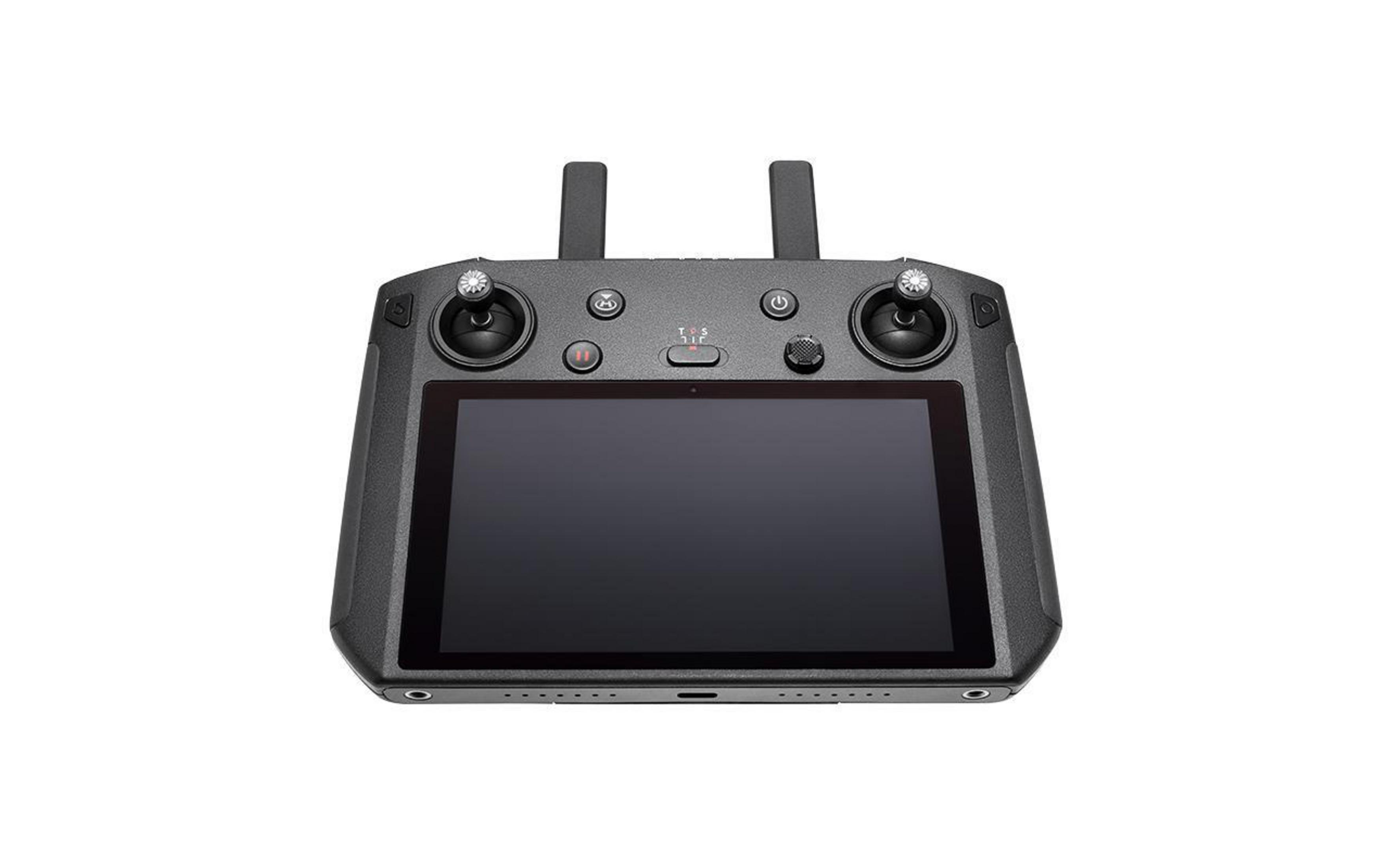 Drohnen-Fernbedienung. Schwarz mit Bildschirm, zwei Joysticks und verschiedenen Steuertasten.